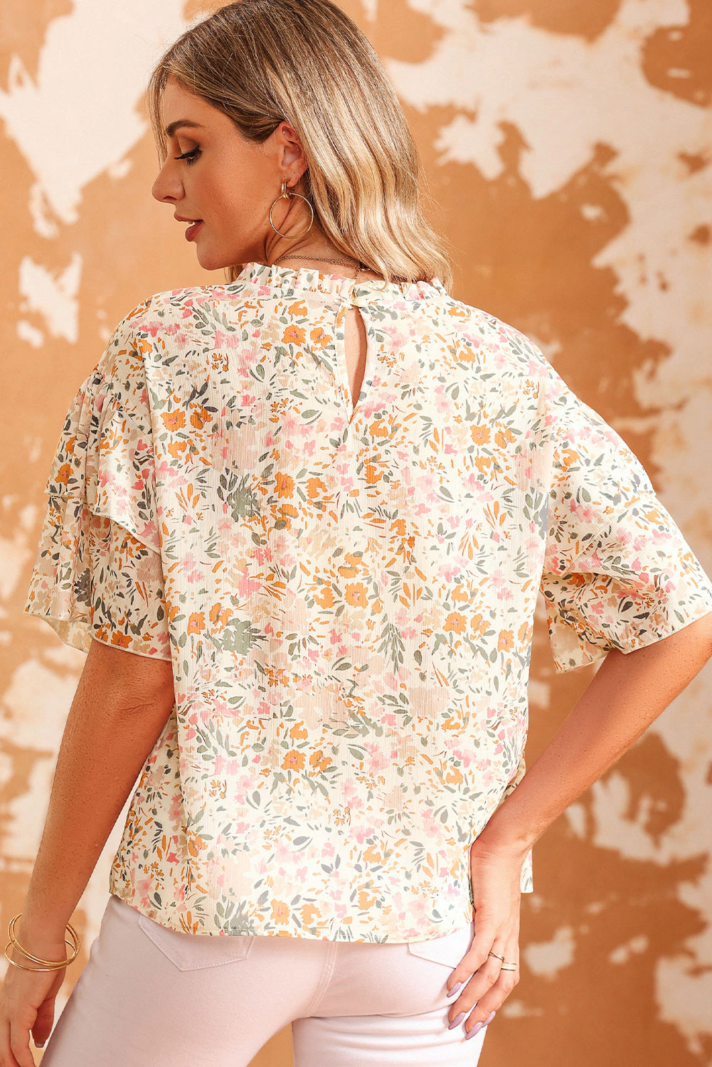 Threaded Pear Women's Karsyn Floral Print Wide Ruffle Sleeves Blouse