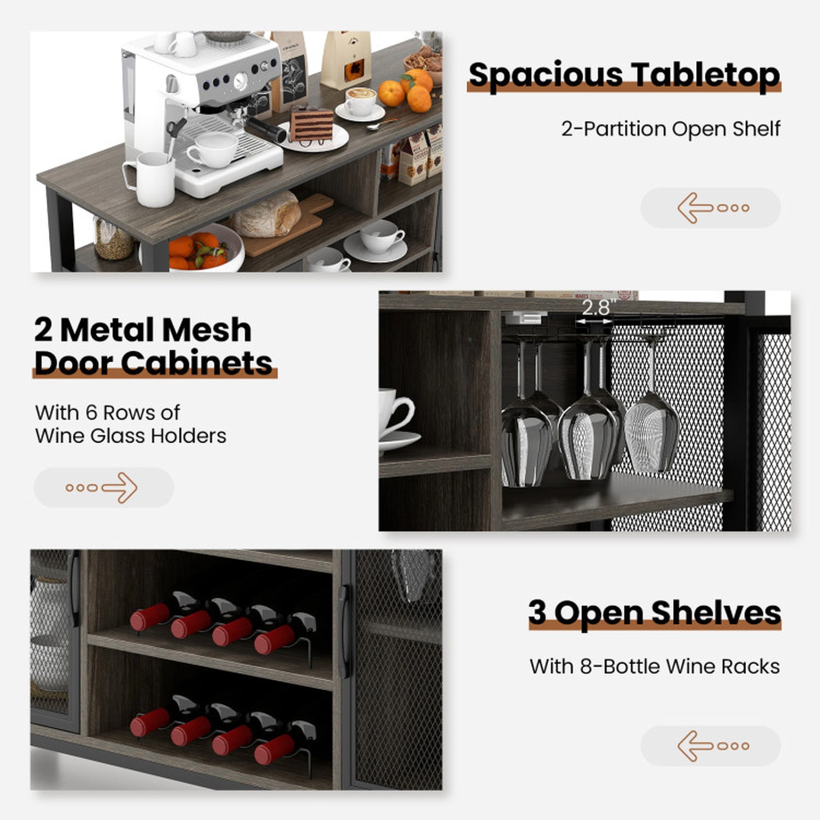 SUGIFT 8-Bottle Racks 6-Row Glass Holders Metal Mesh Doors Wine Cabinet 55-in x 16-in x 32.5-in 360-lb Capacity Gray