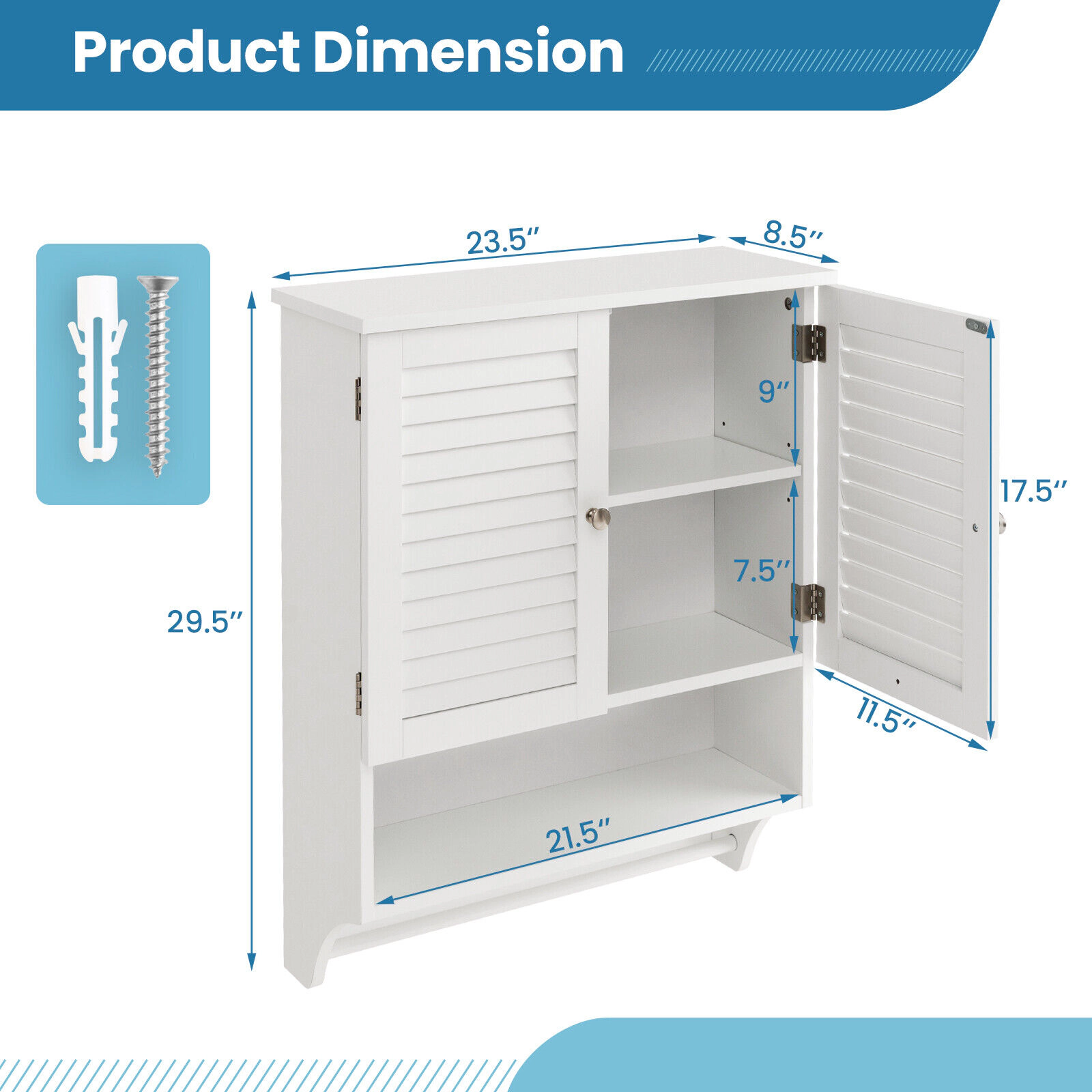 Slickblue Wall Mounted Bathroom Cabinet White MDF Adjustable Shelf Towel Bar