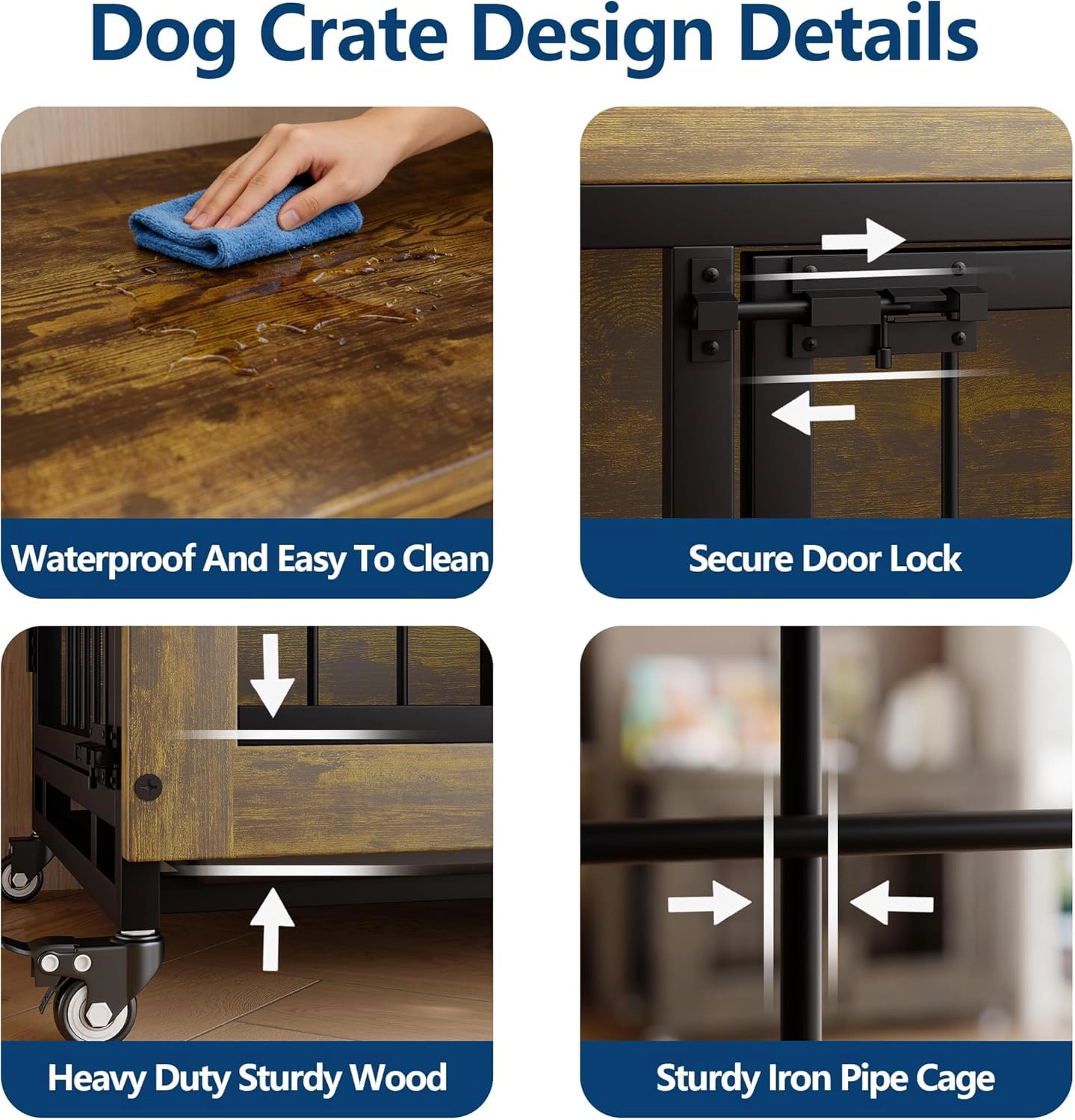 38.6" Rustic Wood Dog Crate Furniture with Pull-Out Tray, Wheels & 3 Doors, Heavy Duty Kennel Side Table