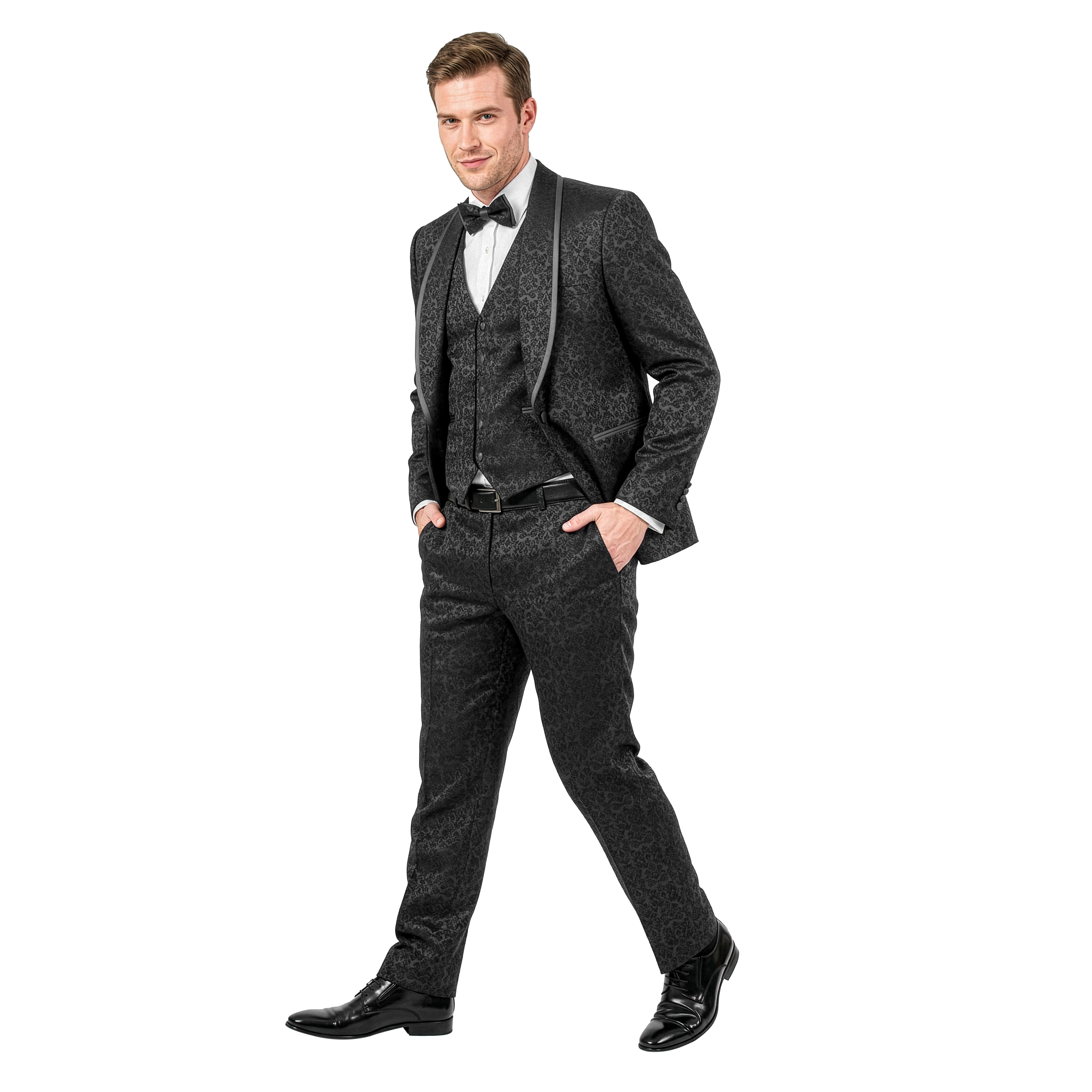 Tazzio Men's Skinny Fit 3-Piece Paisley Tuxedo Set, Shawl Collar