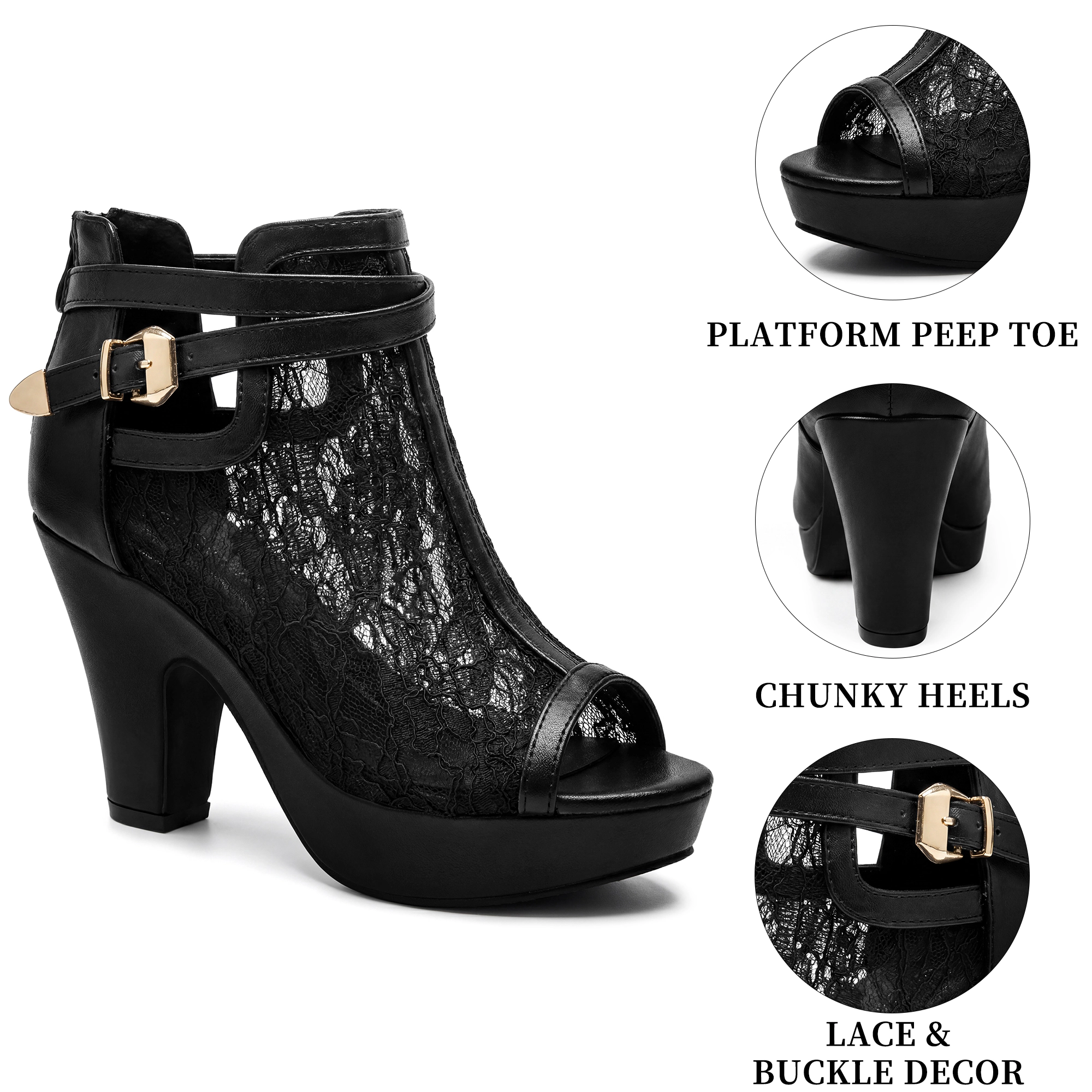 BLISSFUL STEP Women's Lace Peep Toe Platform Ankle Booties