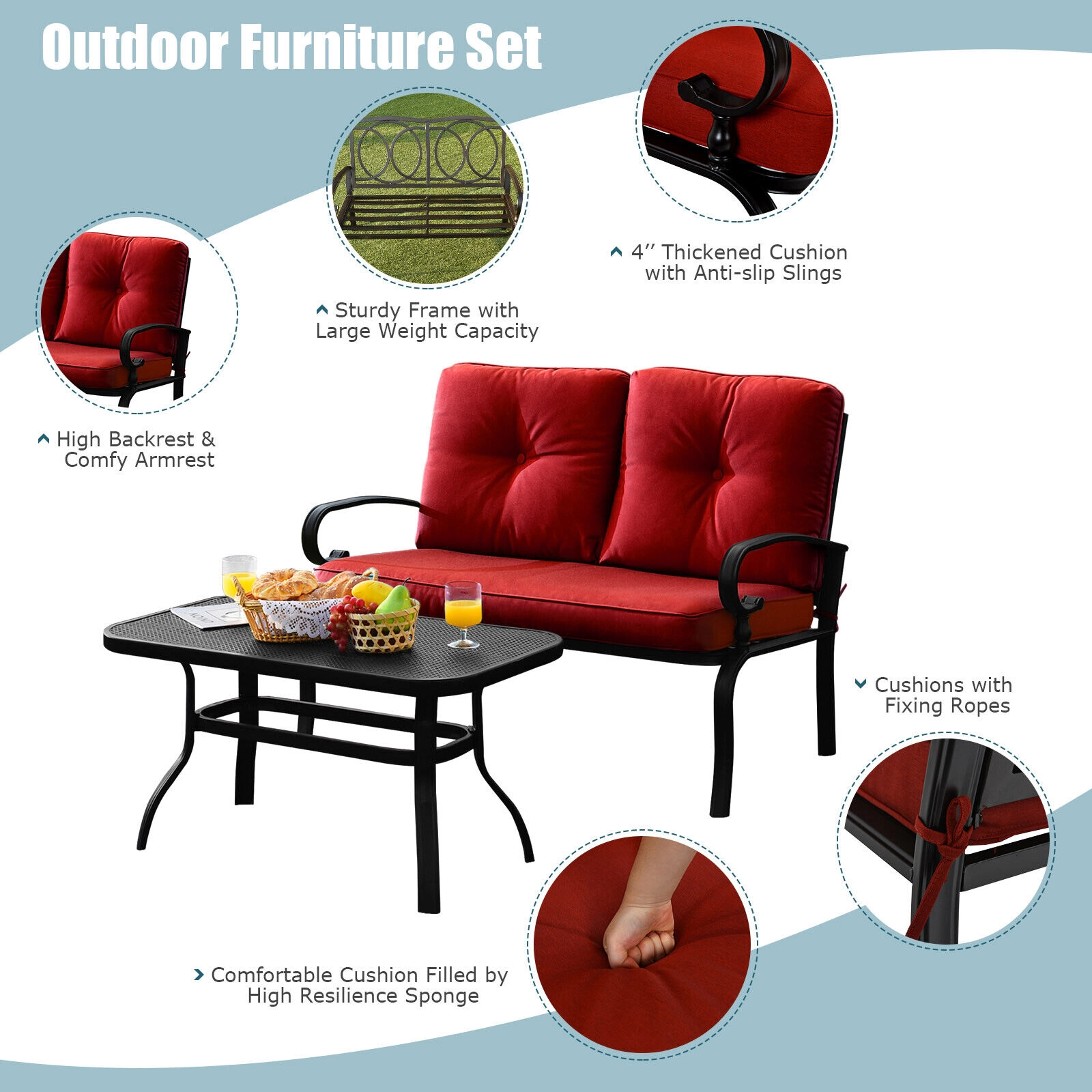 SUGIFT 2-Piece Steel Patio Conversation Loveseat Bench and Coffee Table Set 550-lb Capacity with Cushions Red