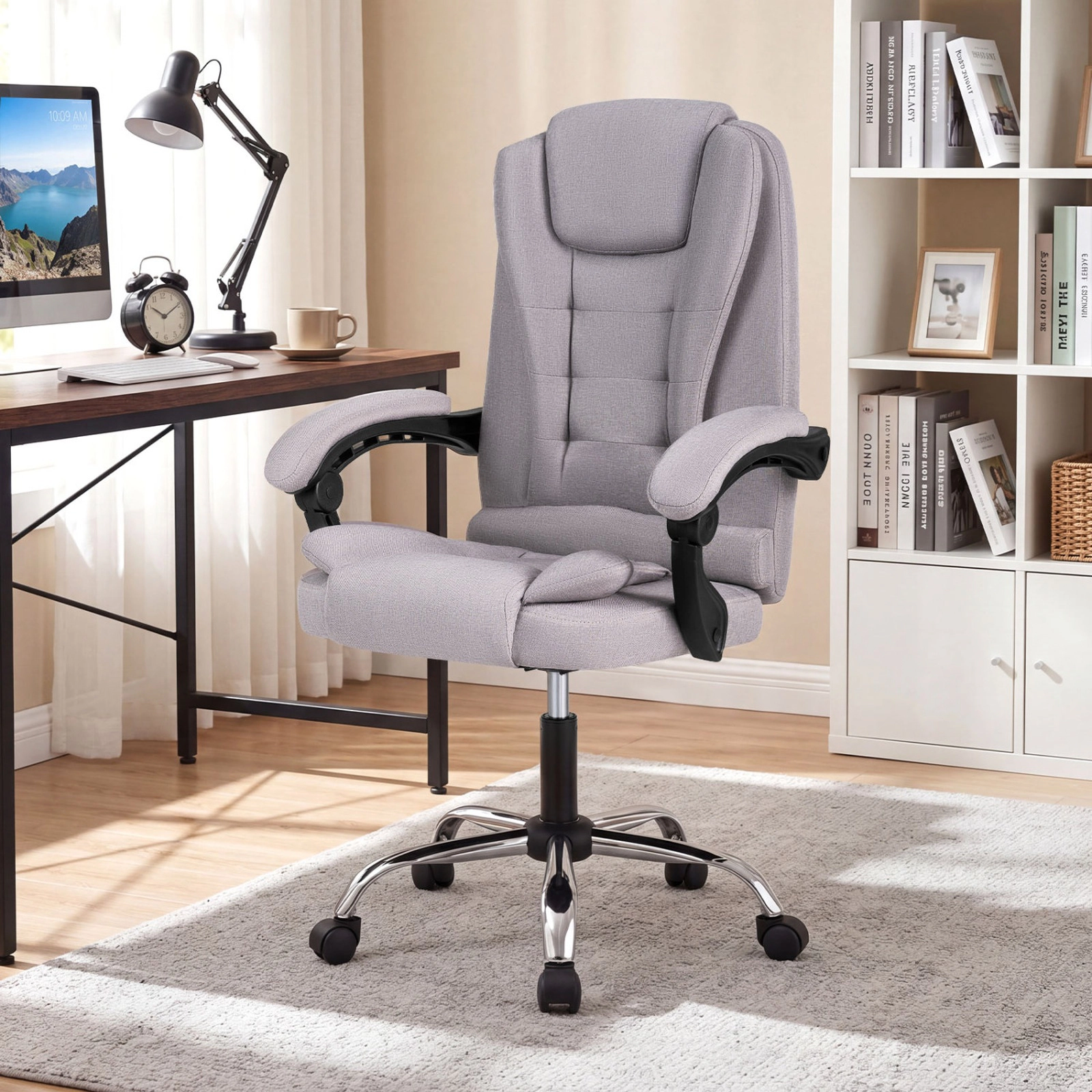 SUGIFT High Back Linen Executive Office Chair with Linkage Arms and Reclining Backrest 330-lb Chair Capacity Gray