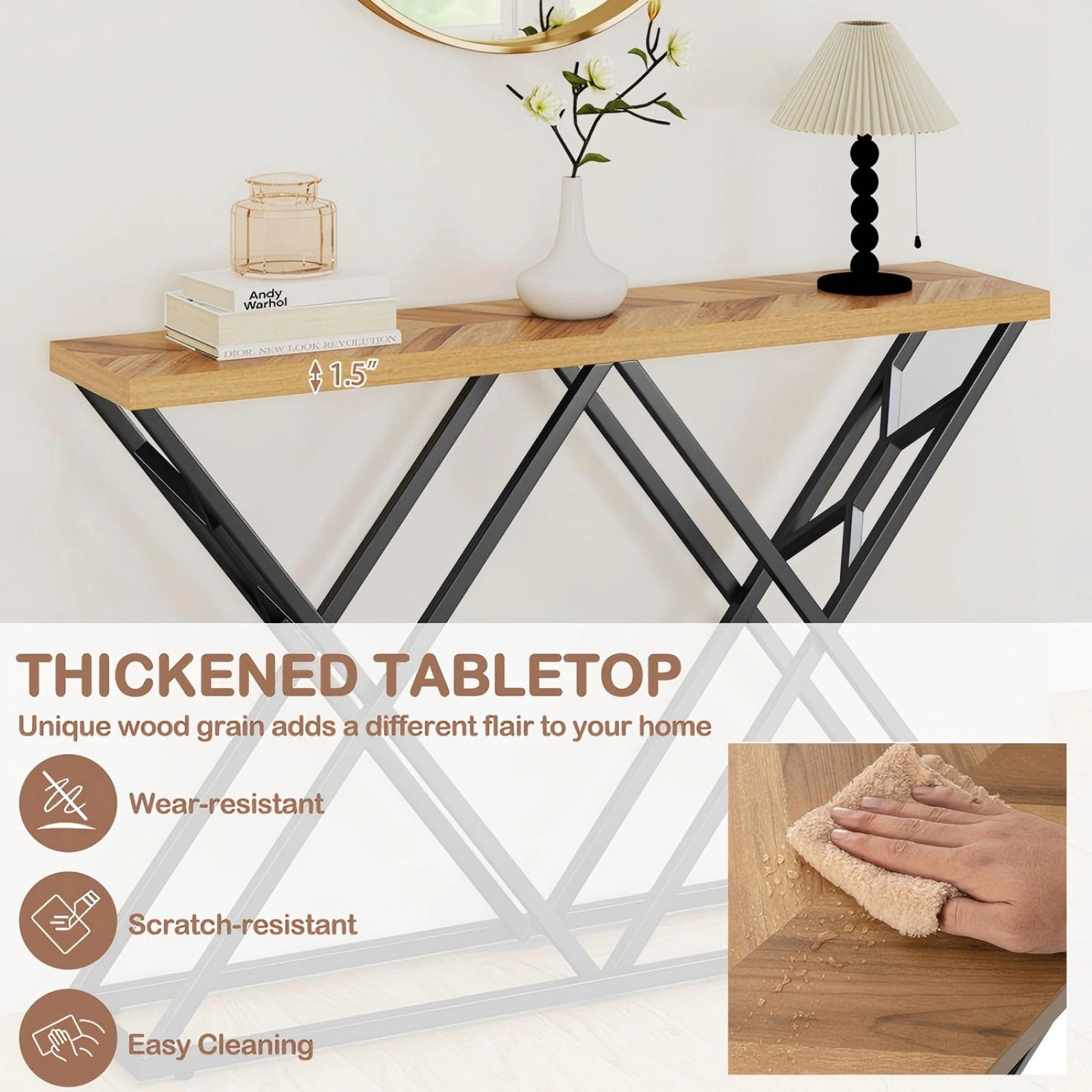 SUGIFT Console Table with Solid Metal Frame 165-lb Tabletop Capacity Wood Color 1.5-in Thick Top