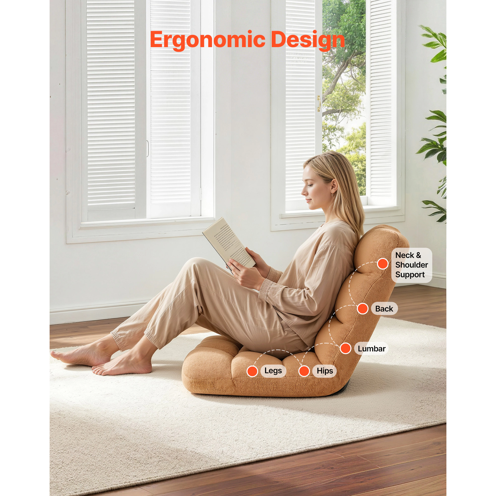 HONGGE Floor Chair 5 Adjustable Positions Folding Gaming with Ergonomic Back Support Sturdy Metal Frame