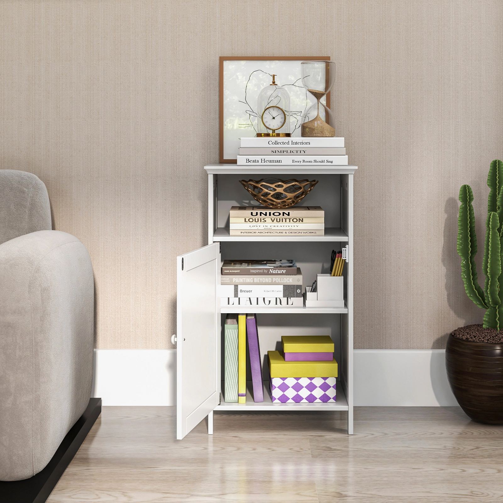SUGIFT Freestanding MDF Bathroom Floor Storage Cabinet with Adjustable Shelf 27.5-in Tall WhiteGray