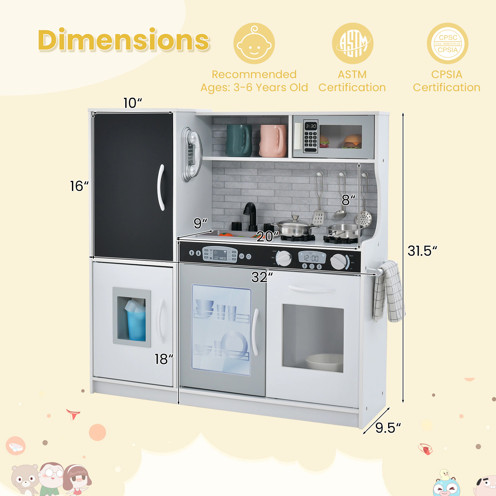 SUGIFT MDF Toddler Pretend Play Kitchen with Blackboard, Telephone and Storage Ages 3-6 Years 32-in Wide White