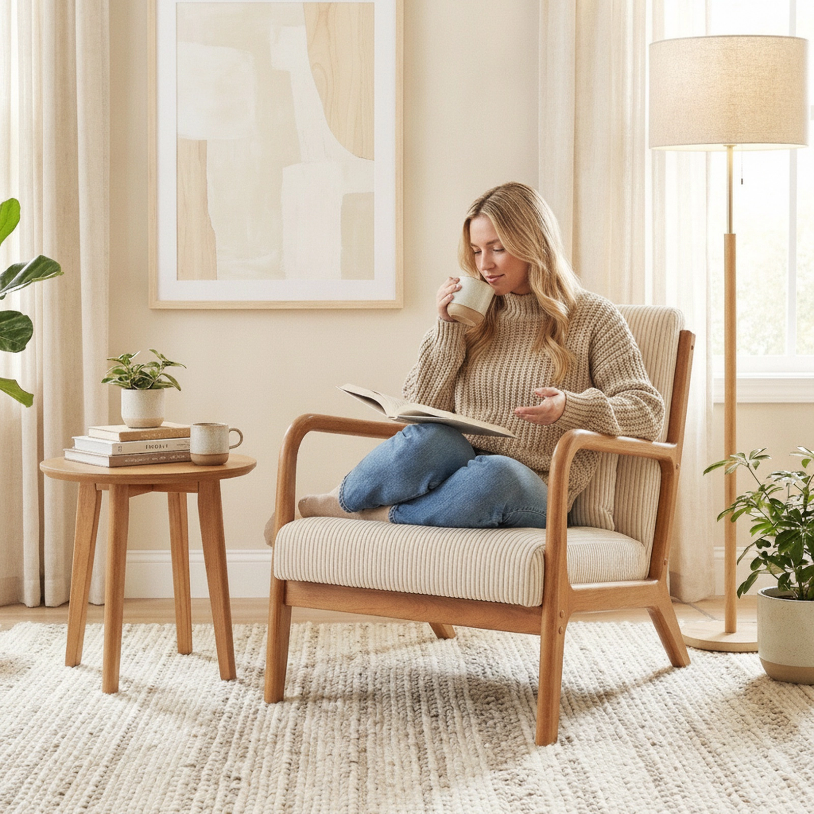 SUGIFT Beige Corduroy Lounge Reading Chair, 105-Degree Reclining Backrest, Lumbar Pillow, Deep Seat