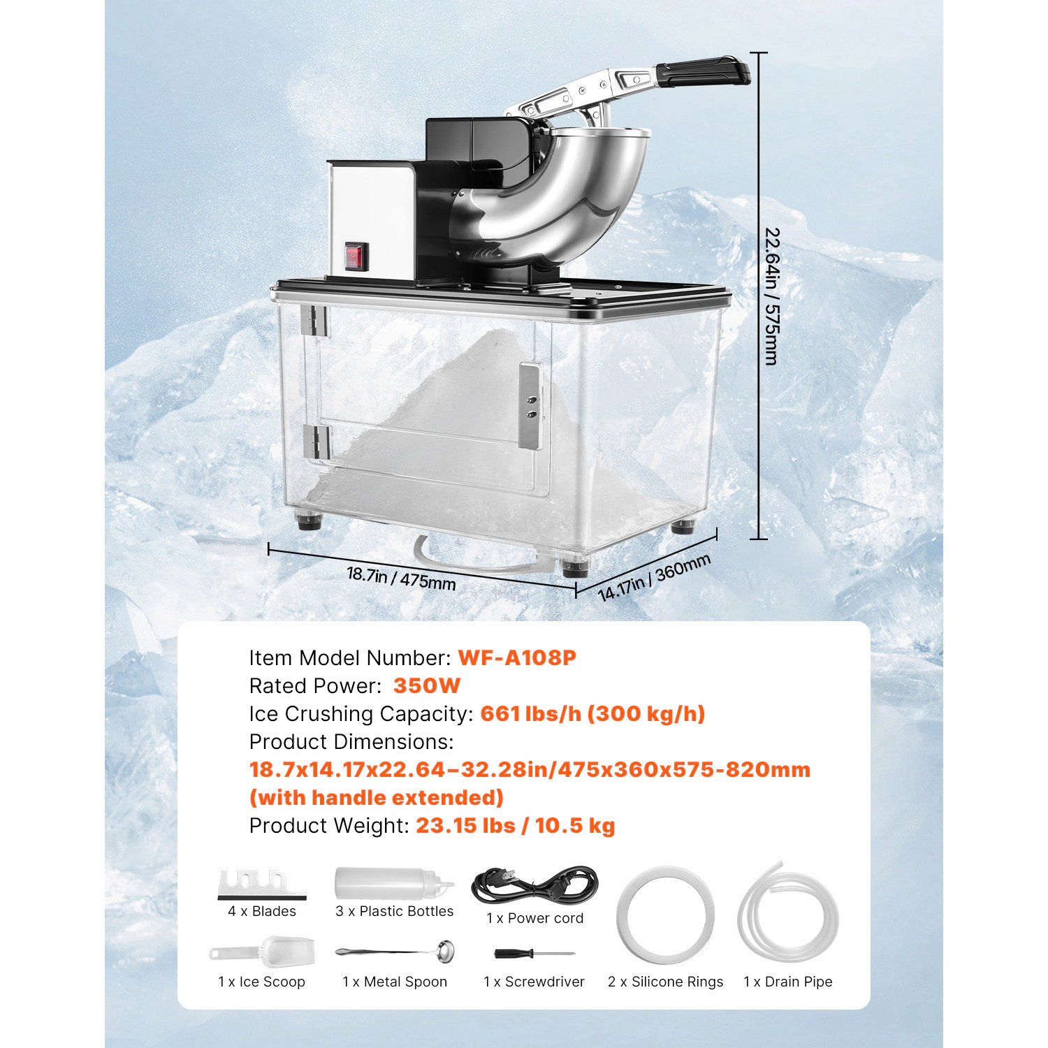 HONGGE Commercial Ice Crusher 661LBS /H 350W Electric Snow Cone Machine with 4 Blades 2000RPM Stainless Steel Shaved