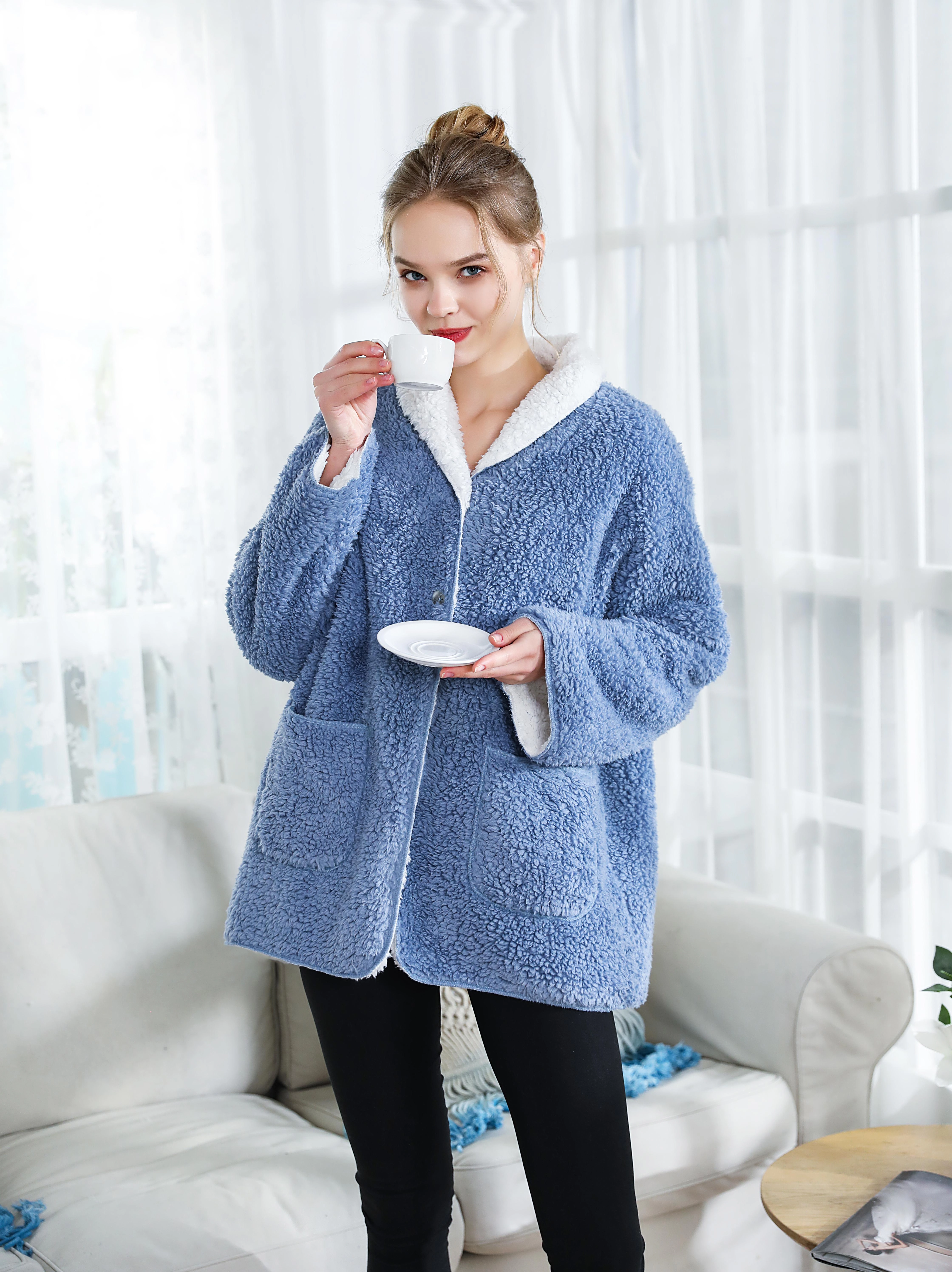 Loungees Sherpa Reversible Button Front Bed Jacket  Lounge