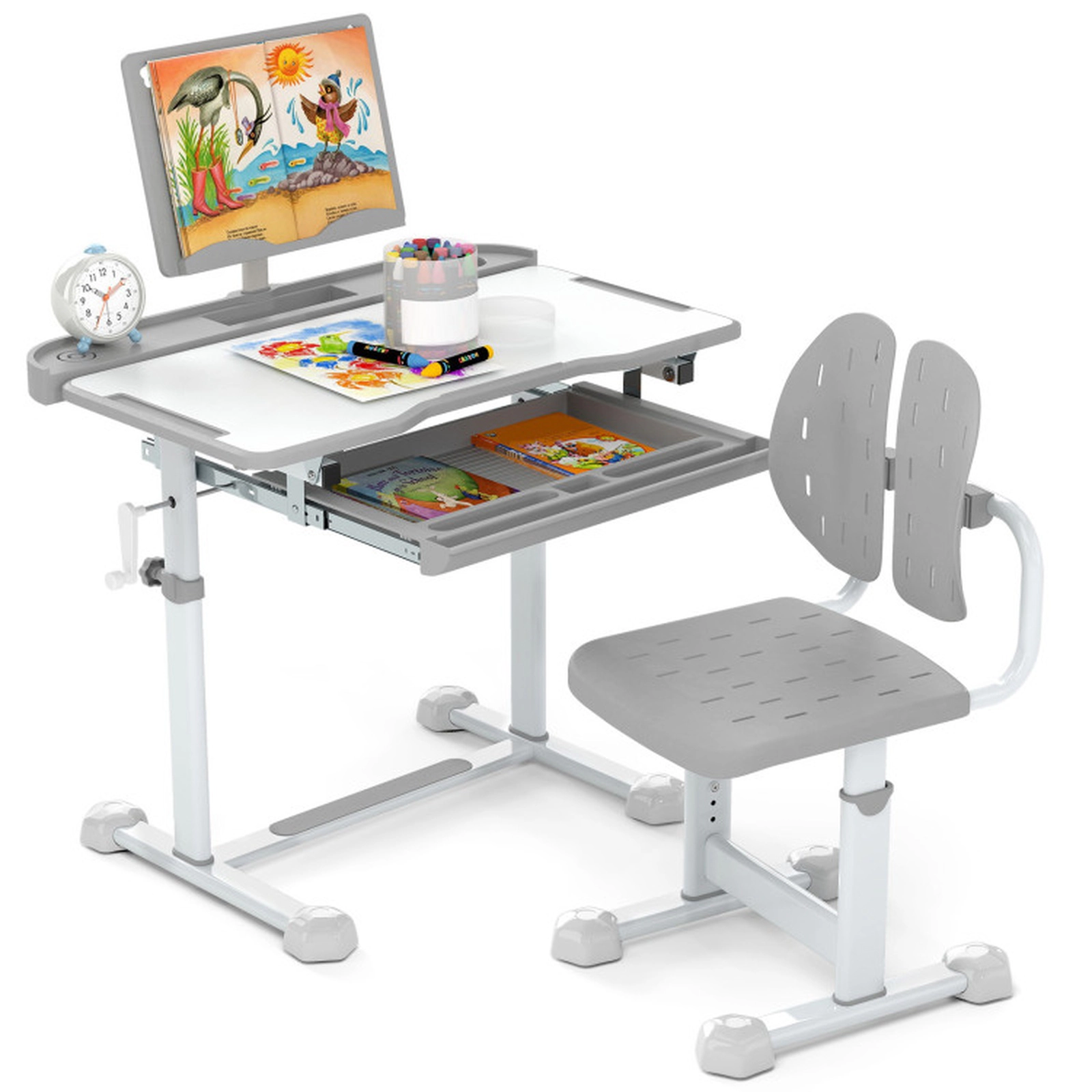 SUGIFT Gray Hand Crank Tilt Desktop and Book Stand Kids Study Desk and Chair Set