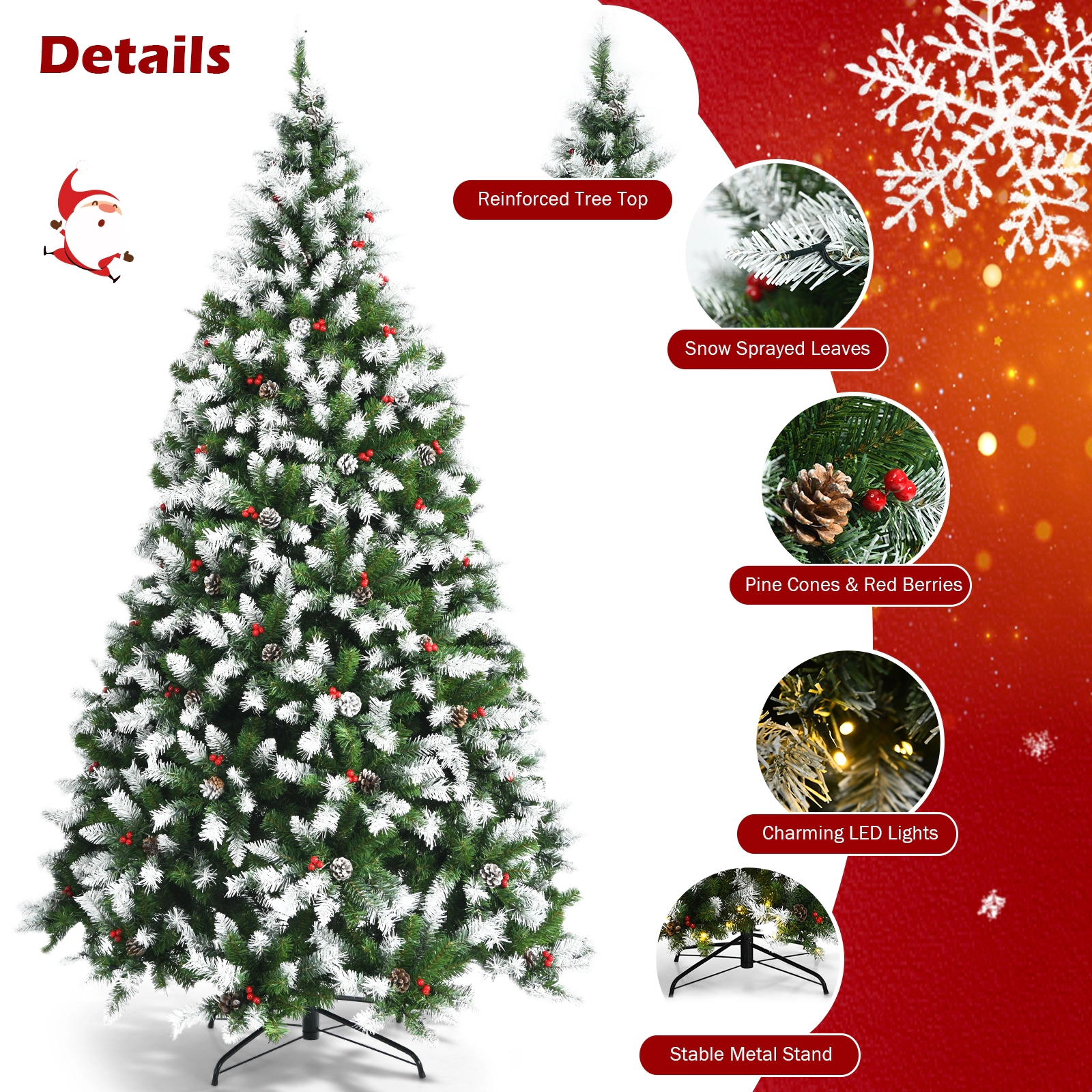 SUGIFT Pre-Lit Snow Sprayed Christmas Tree with PVC Branch Tips and Metal Stand