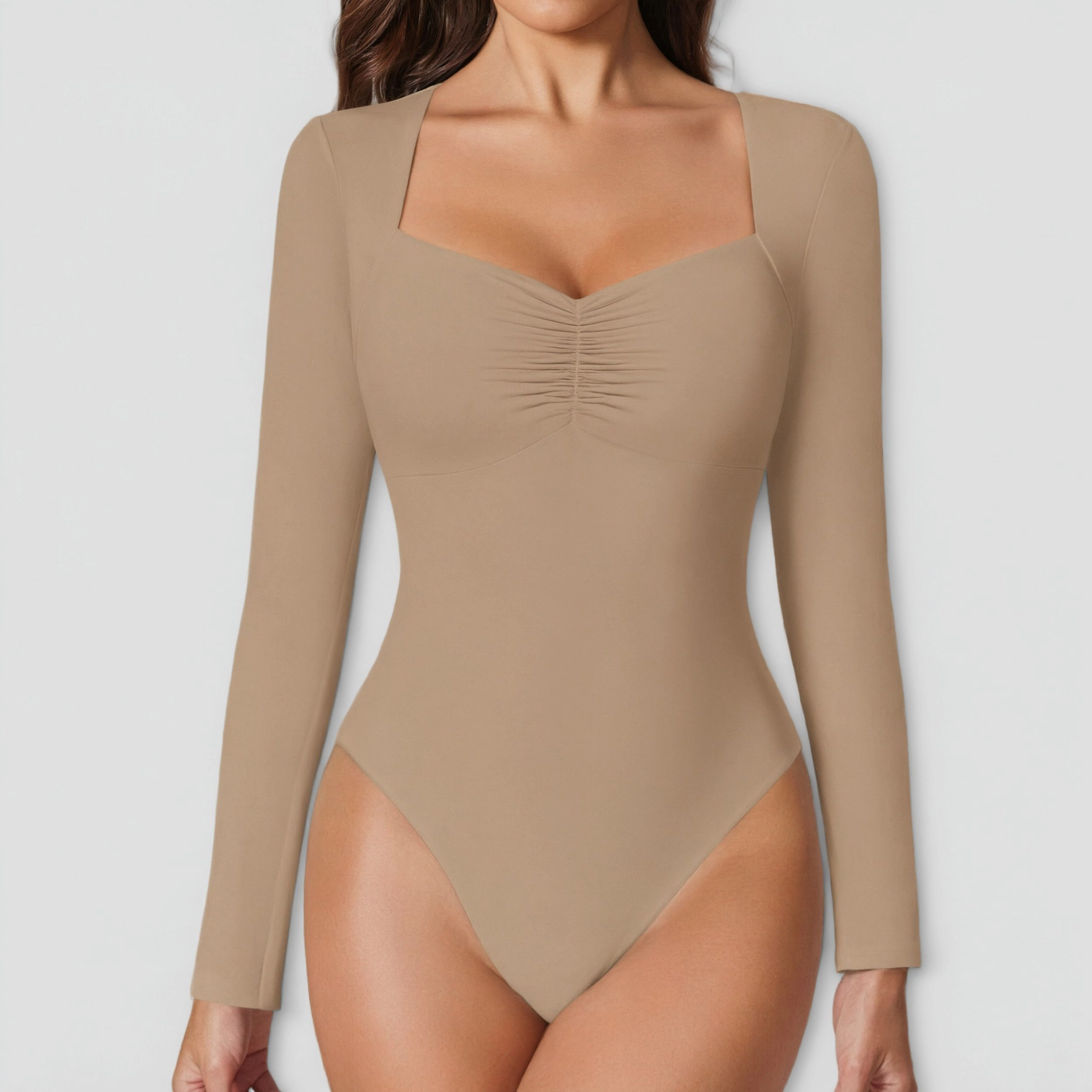Avidlove Women's Square Sweetheart Neck Ruched Bust Long Sleeve Double Lined Thong Bodysuit