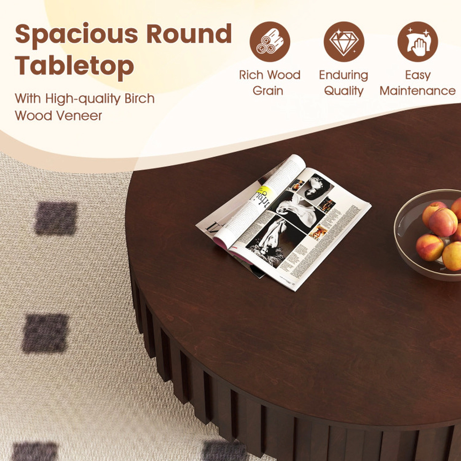 SUGIFT Round Fluted Drum Flip Top Hidden Storage Rubber Wood Coffee Table 31-in x 31-in x 14-in 265-lb Capacity Walnut
