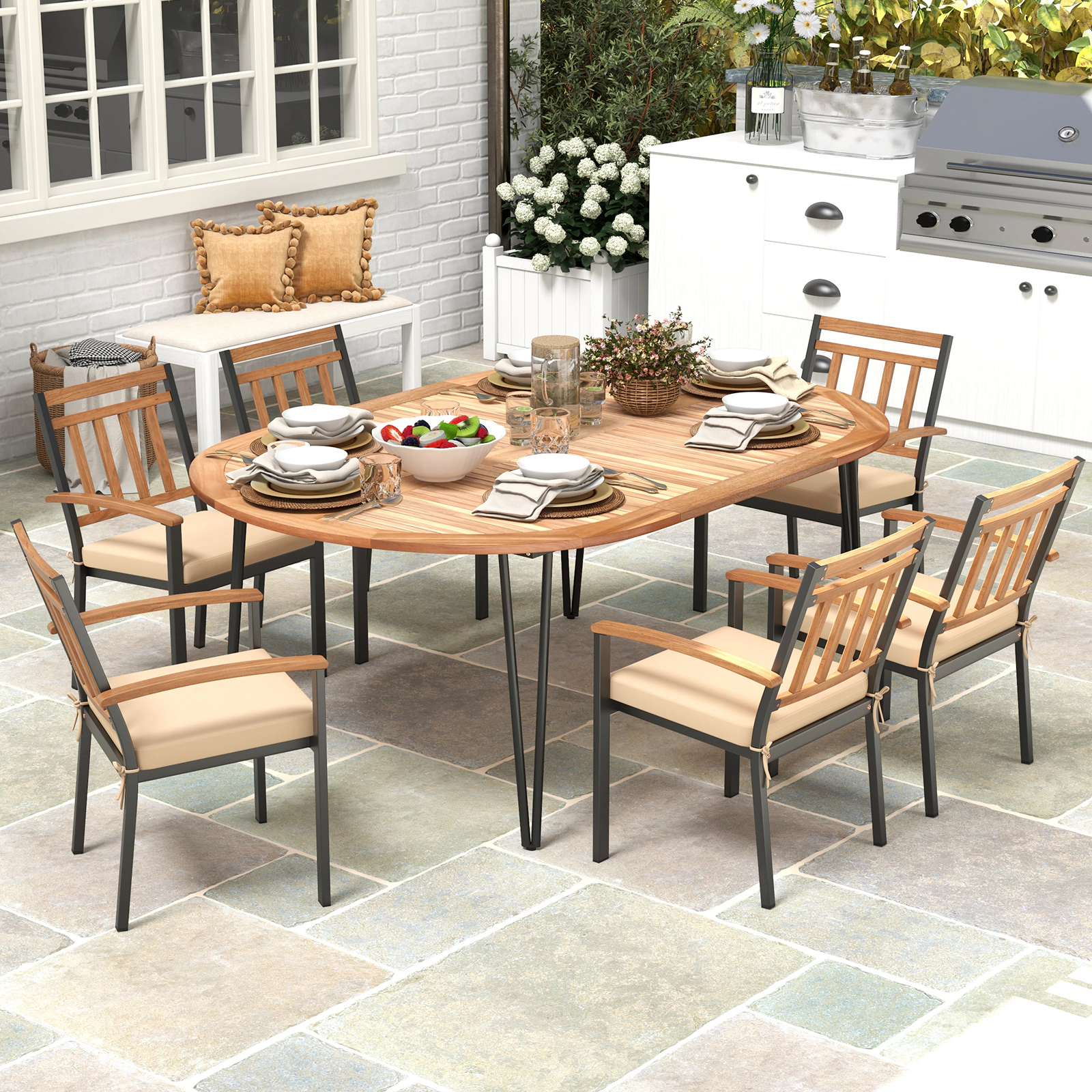 SUGIFT 79-in Oval Acacia Wood Patio Dining Table with Umbrella Hole 330-lb Capacity for 8 People Natural & Black