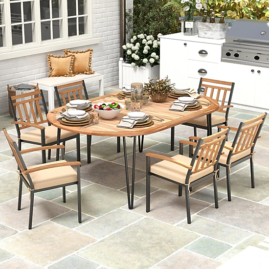 SUGIFT 79-in Oval Acacia Wood Patio Dining Table with Umbrella Hole 330-lb Capacity for 8 People Natural & Black