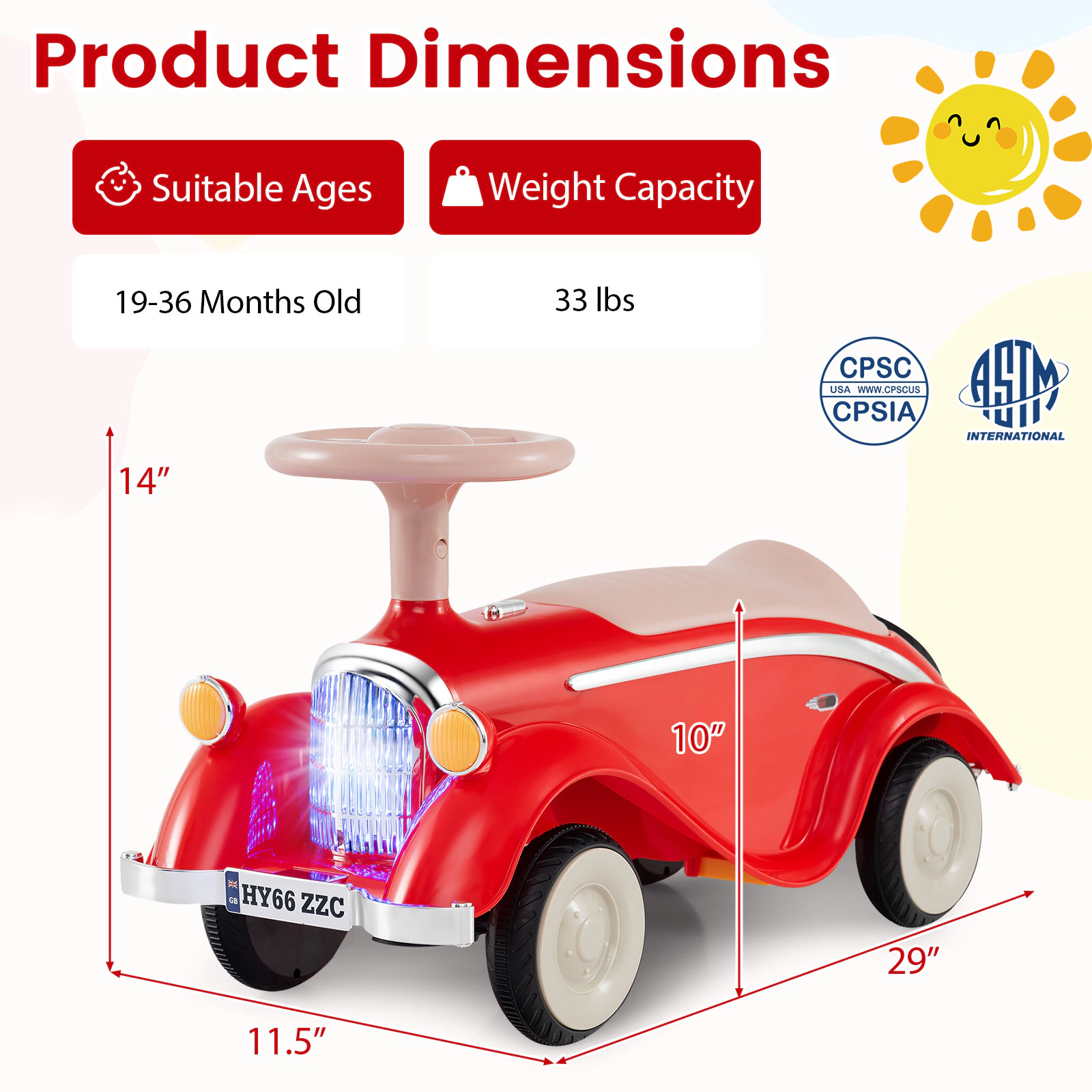 SUGIFT Red Horn LED Headlight and Under Seat Storage Toddler Ride On Classic Sliding Car