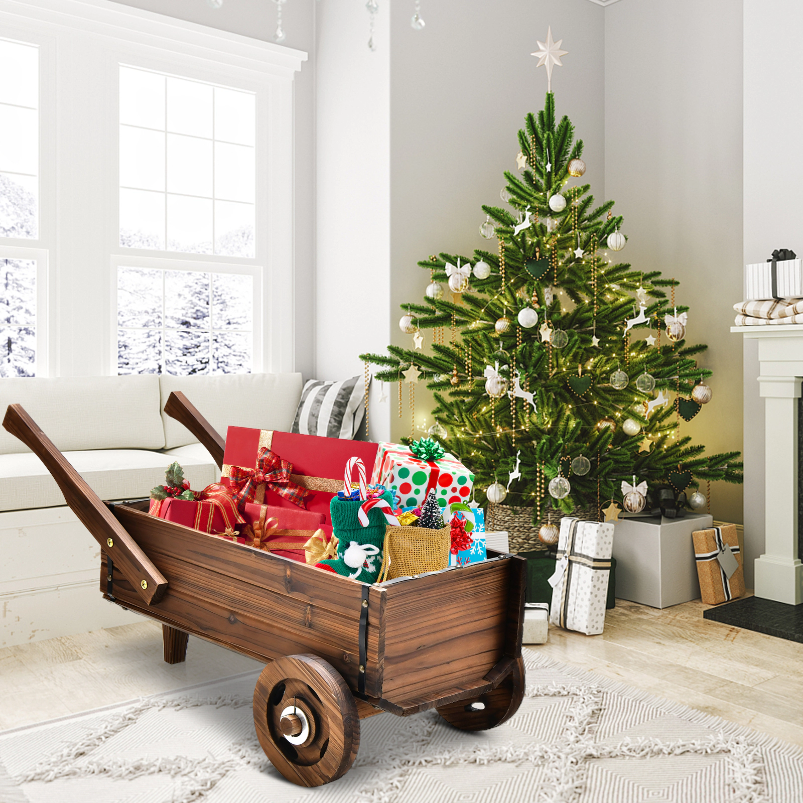 Slickblue Rustic Wooden Wagon Planter Box Rolling Flower Cart with Wheels
