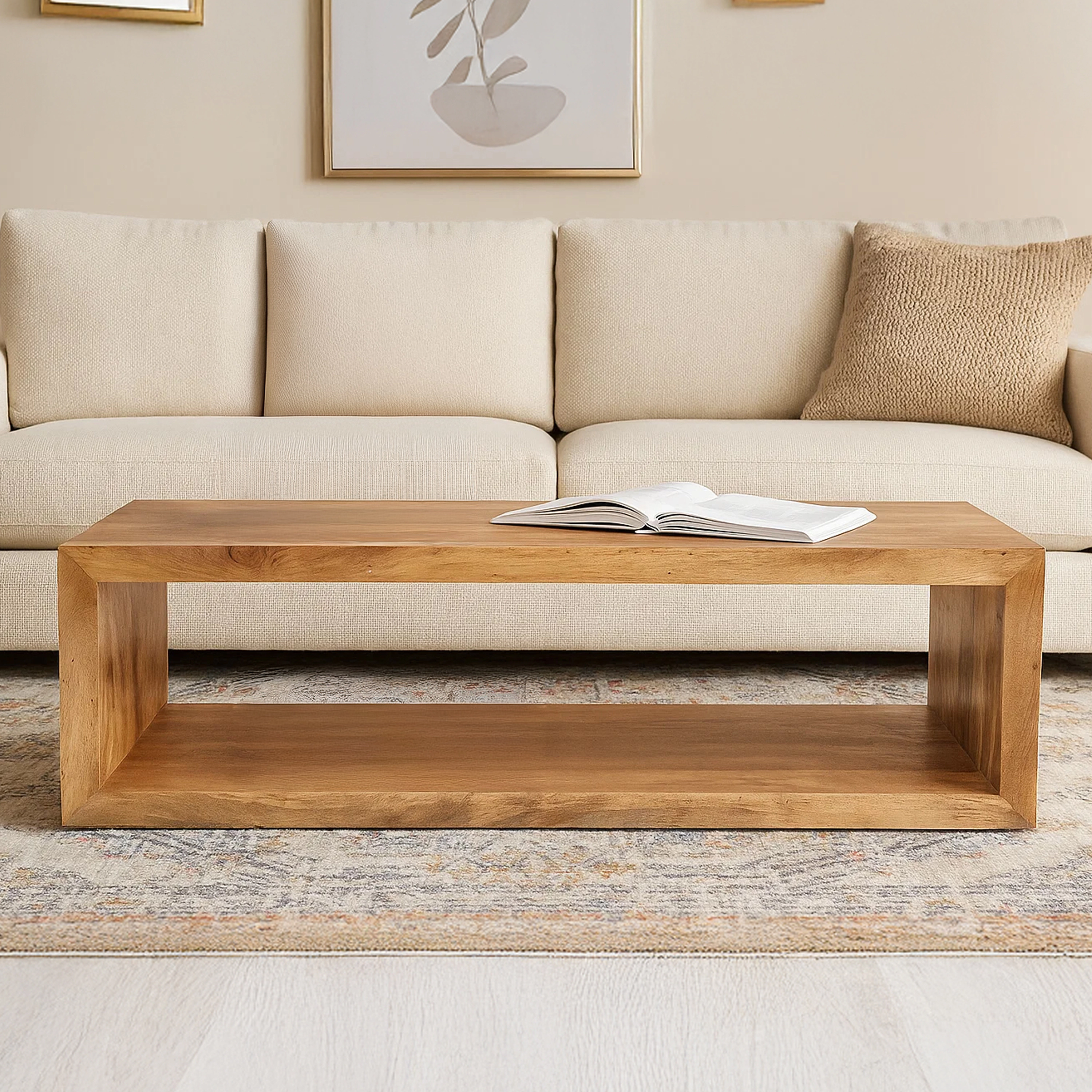 The Urban Port Keli 58 Inch Mango Wood Coffee Table, Open Cube, 1 Shelf, Natural Brown