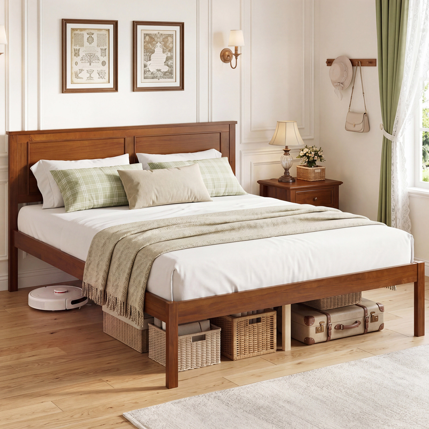 LJG Full/Queen/Twin Bed Frame Farmhouse Wooden Platform with Headboard