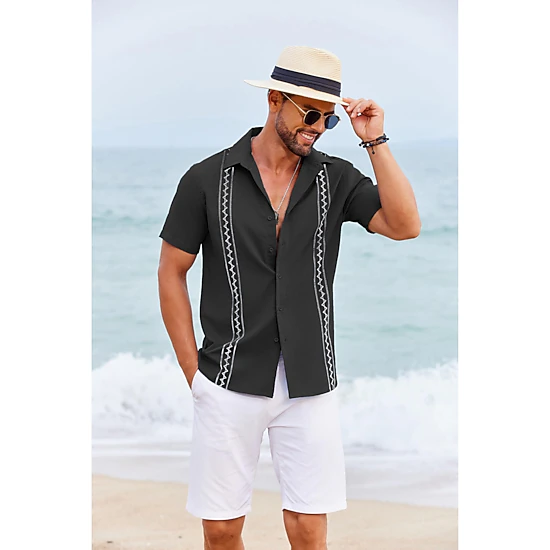 COOFANDY Mens Short Sleeve Button Down Shirt Lapel Collar Zigzag Stripe Casual Tops
