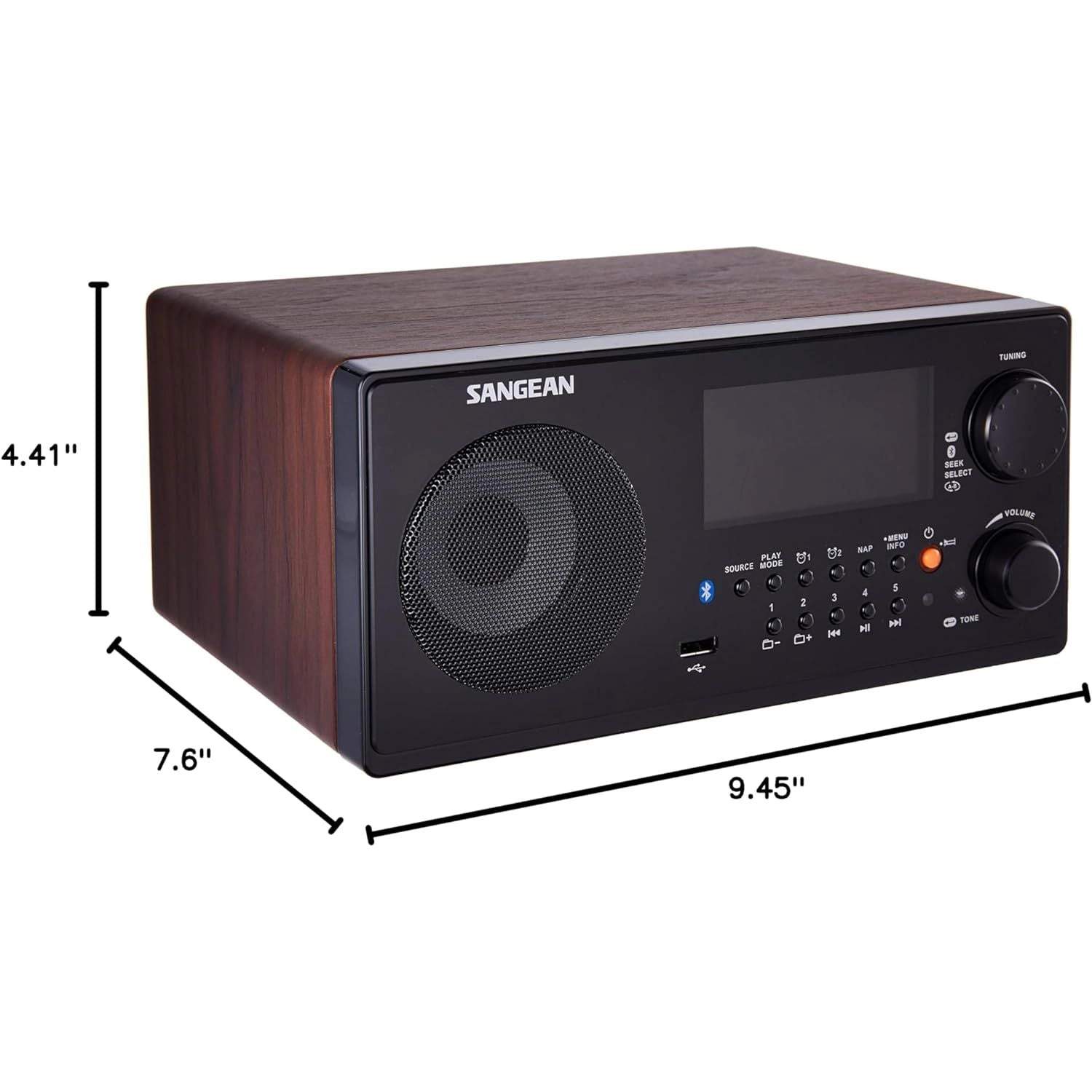 SANGEAN WR22 Table-Top Digital AM/FM-RDS Radio with Bluetooth and USB, Dark Walnut