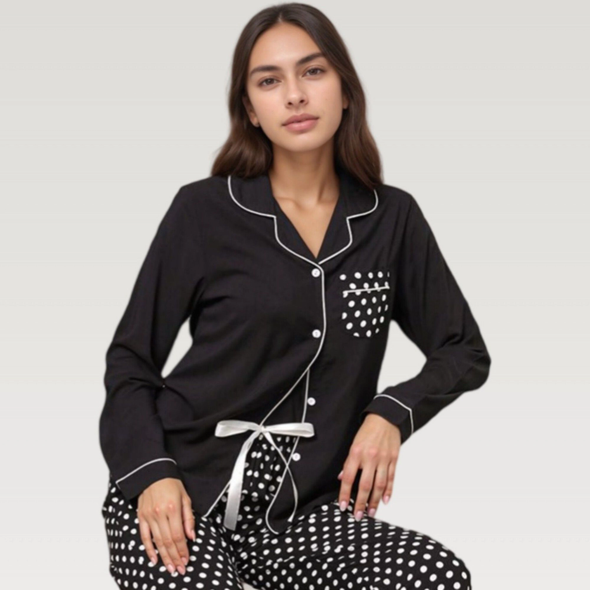 Anna-Kaci Women's Polka Dot Pajama Set with Long Sleeve Button Top and Elastic Waist Pants