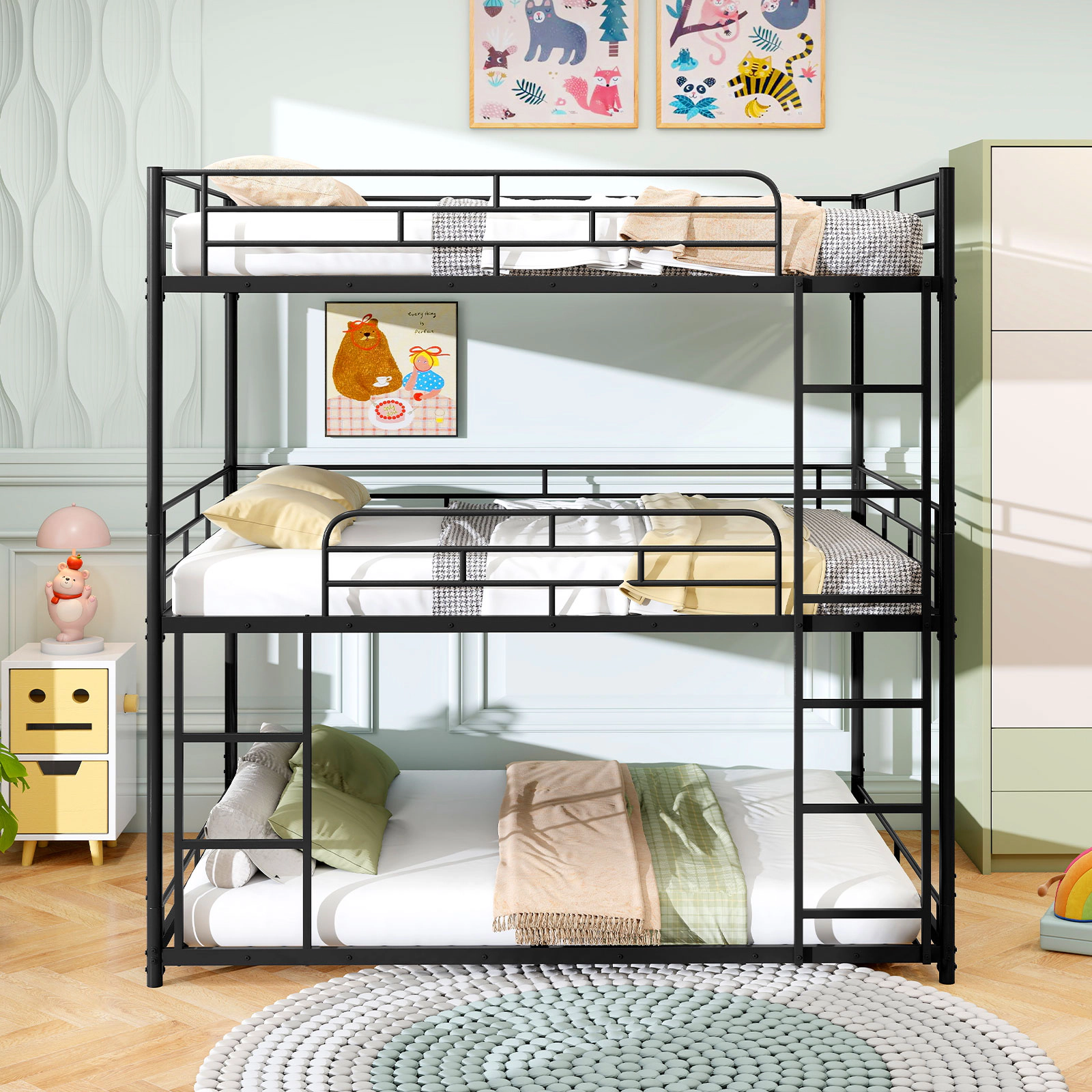 SUGIFT Metal Triple Bunk Bed, Full Size, Black, 2 Ladders and Guardrails