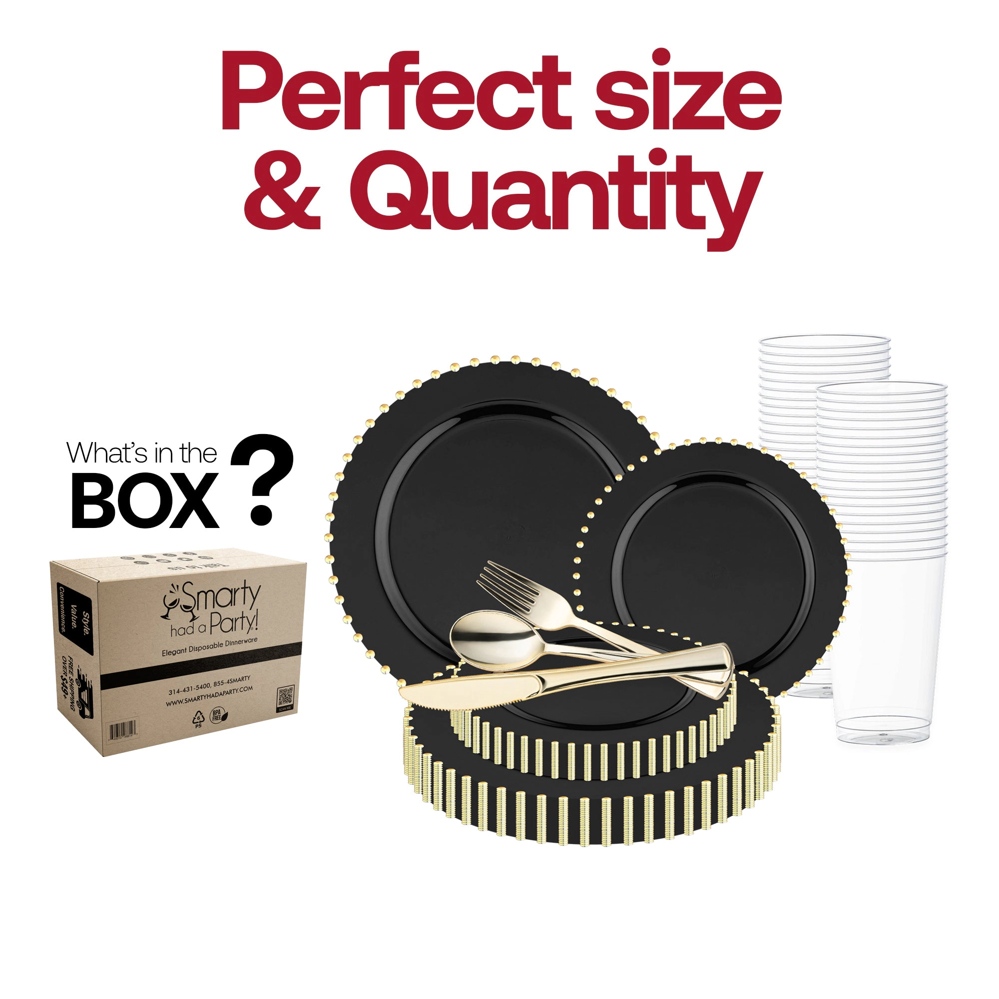Smarty Had A Party Black with Gold Pearl String Round Disposable Plastic Wedding Value Set