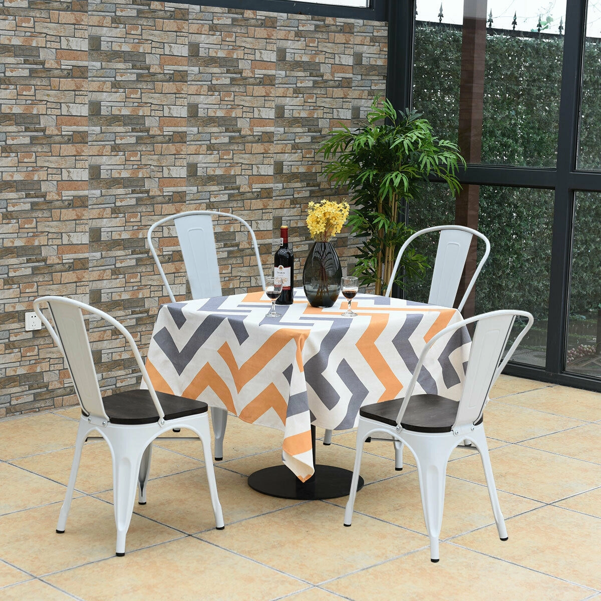 LJG 4 Pieces Tolix Style Metal Dining Side Chair Stackable Wood Seat