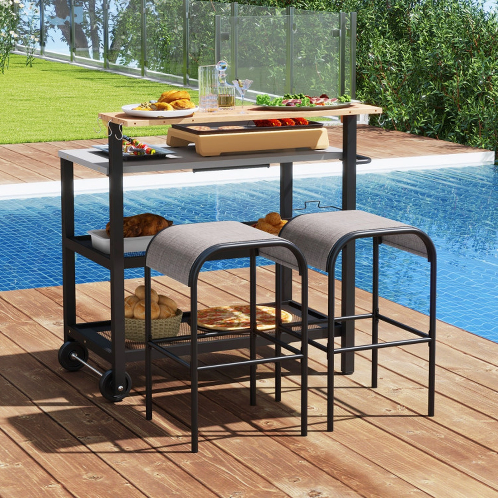 SUGIFT 3-Tier Galvanized Metal Flip-Up Table 6 Hooks Rolling Bar Cart 46-in x 22-in x 51-in 300-lb Capacity Black