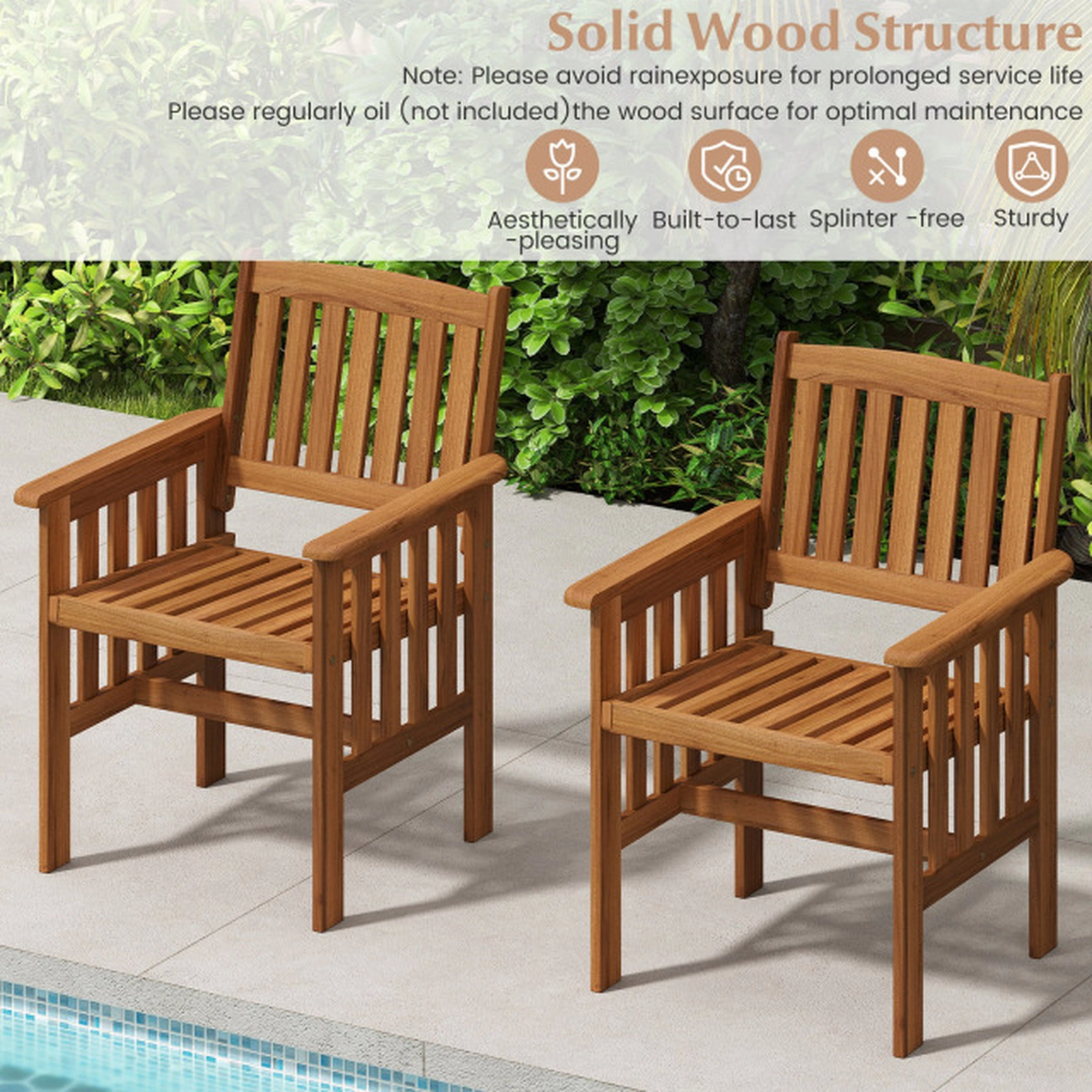 SUGIFT Set of 2 Solid Wood Patio Chairs with Armrests Slatted Seat Inclined Backrest 300-lb Capacity Natural