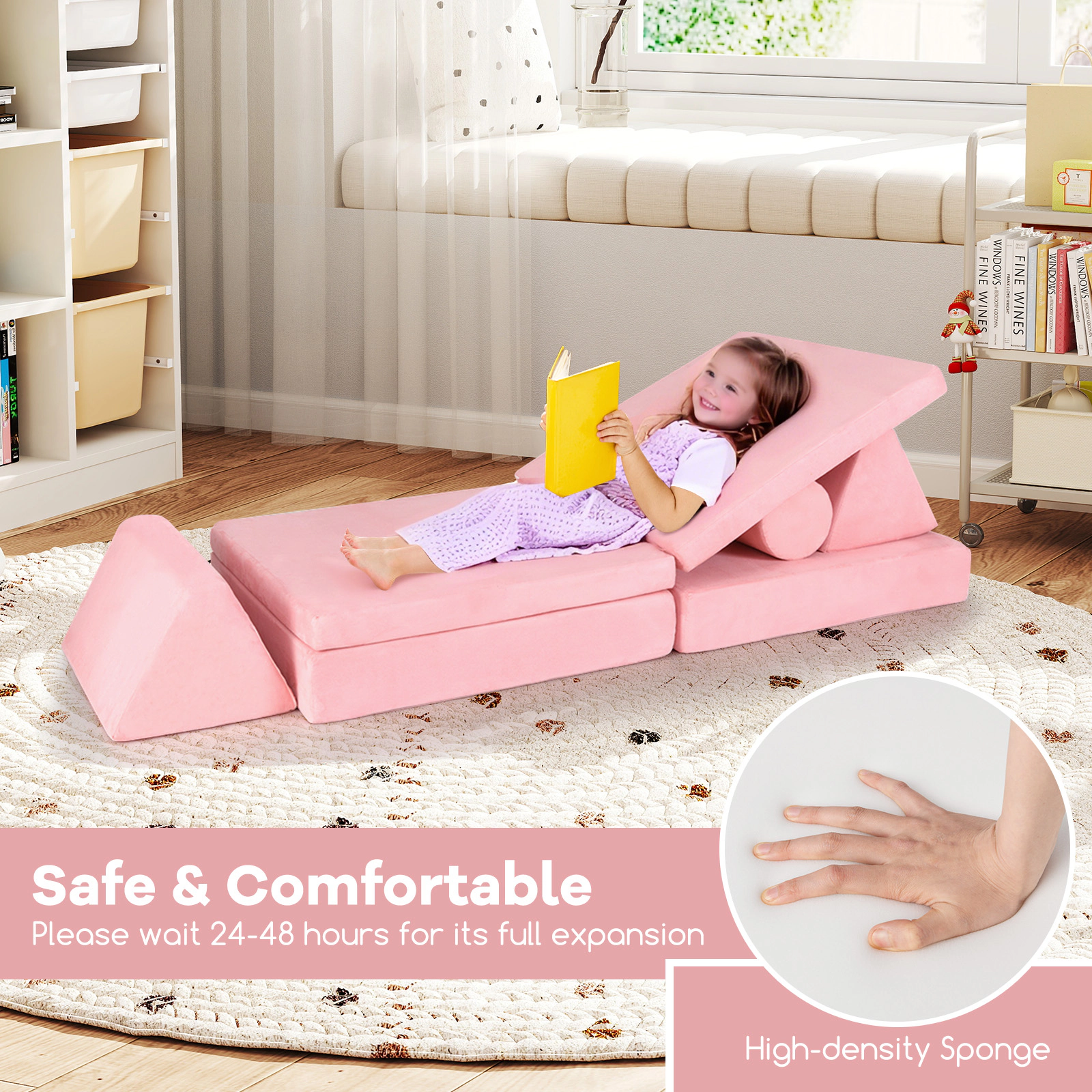 SUGIFT 8-Piece Modular Kids Foam Play Couch Building Fort Play Set with Suede Cover Pink