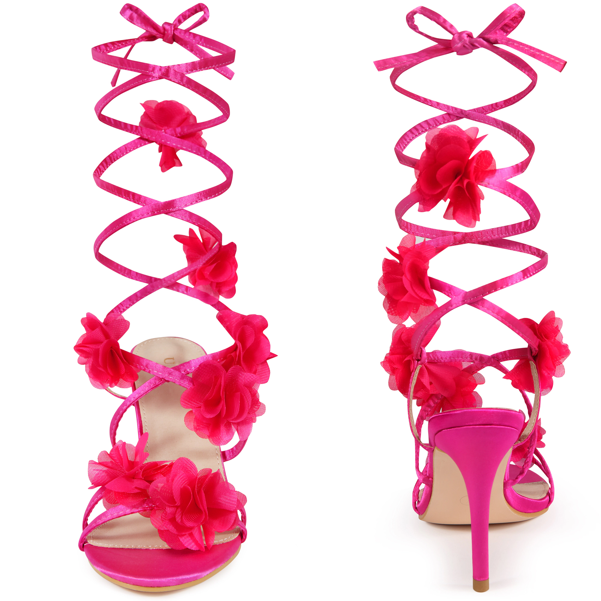 BLISSFUL STEP Women's Satin Floral Lace Up Slingback Stiletto Heel Sandals