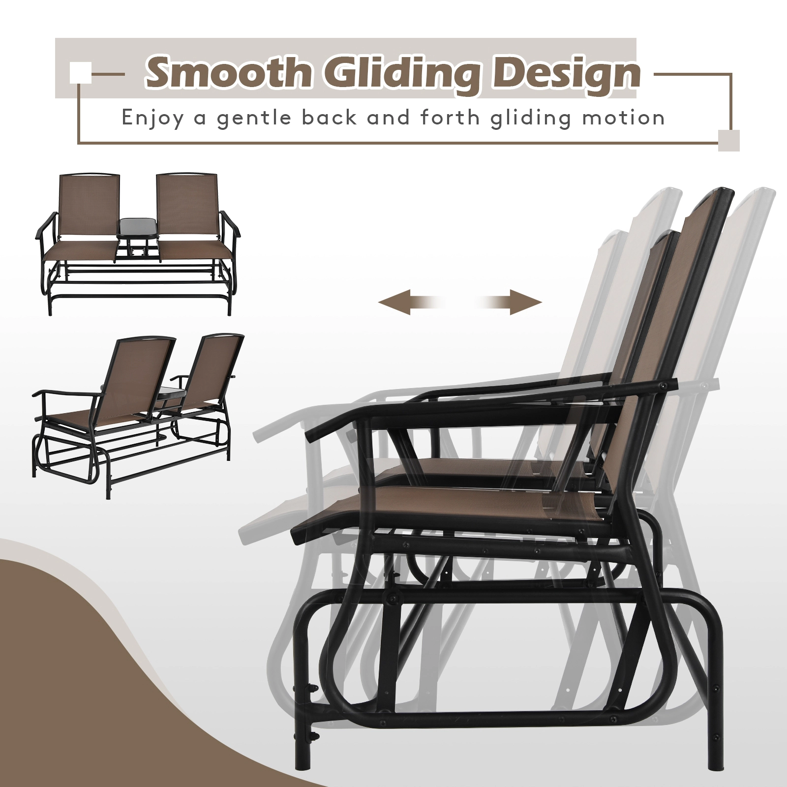 SUGIFT 2-Person Rocking Loveseat Glider Conversation Set Center Tempered Glass Table 530-Lb Capacity 57-in Wide Brown