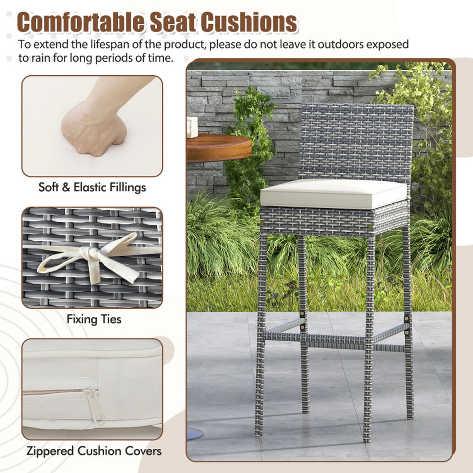 SUGIFT Set of 4 Gray Outdoor Bar Stools, 30-Inch Seat, PE Rattan Wicker, Cushioned Backrest and Footrest