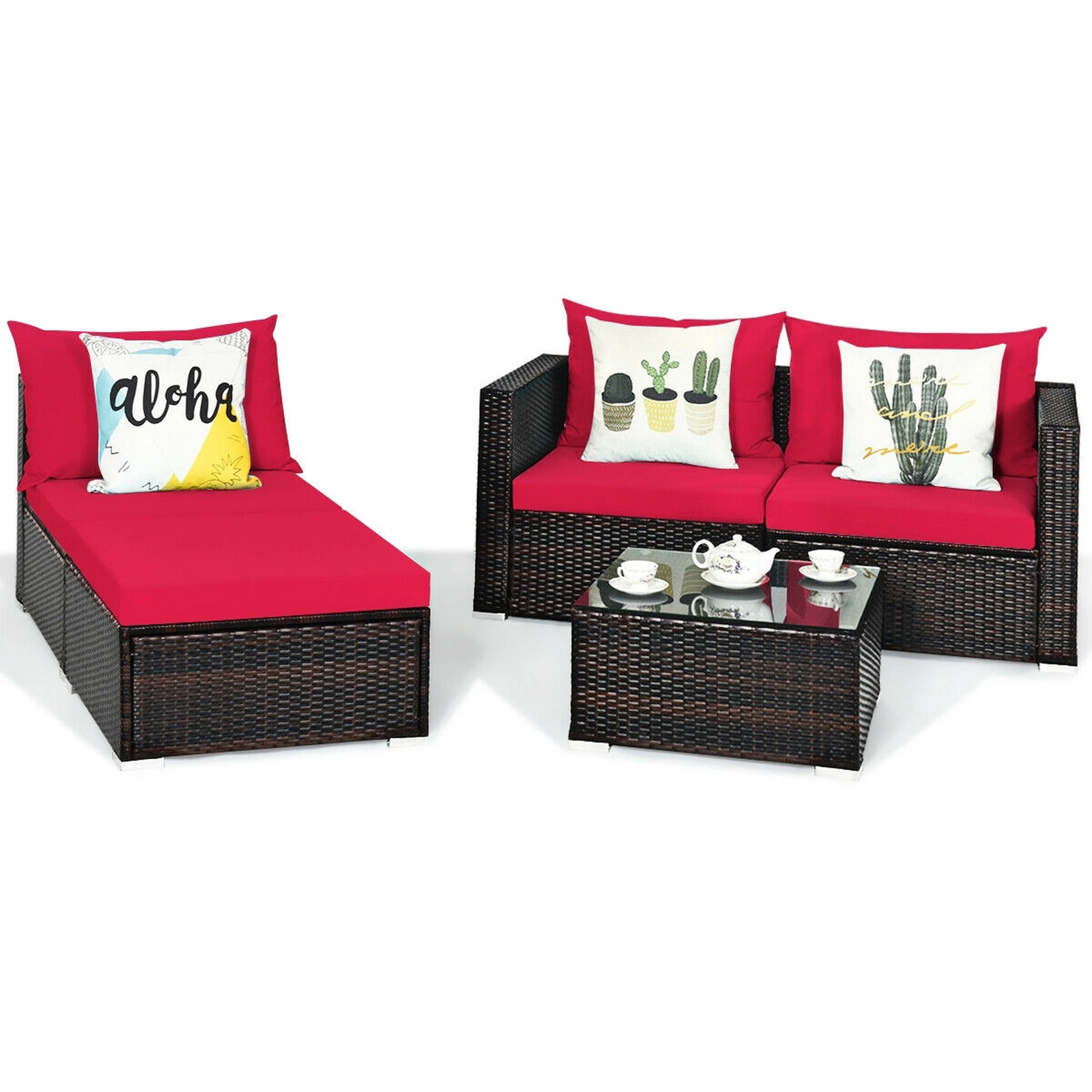 SUGIFT 5 Piece Patio Rattan Sectional Set Red with Ottoman and Tempered Glass Coffee Table