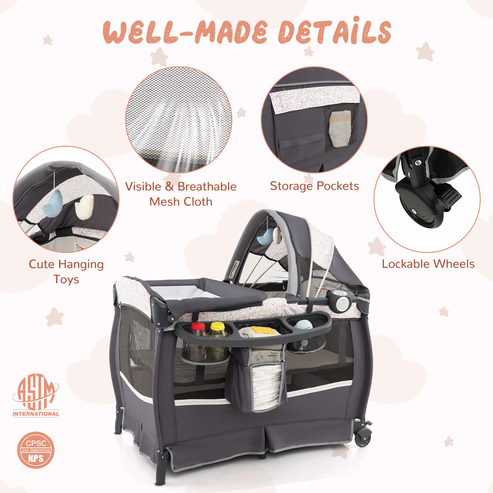 SUGIFT 4-in-1 Portable Pack and Play Baby Nursery Center with Bassinet 33-lb Capacity Ages 0-3 Years Black/Gray