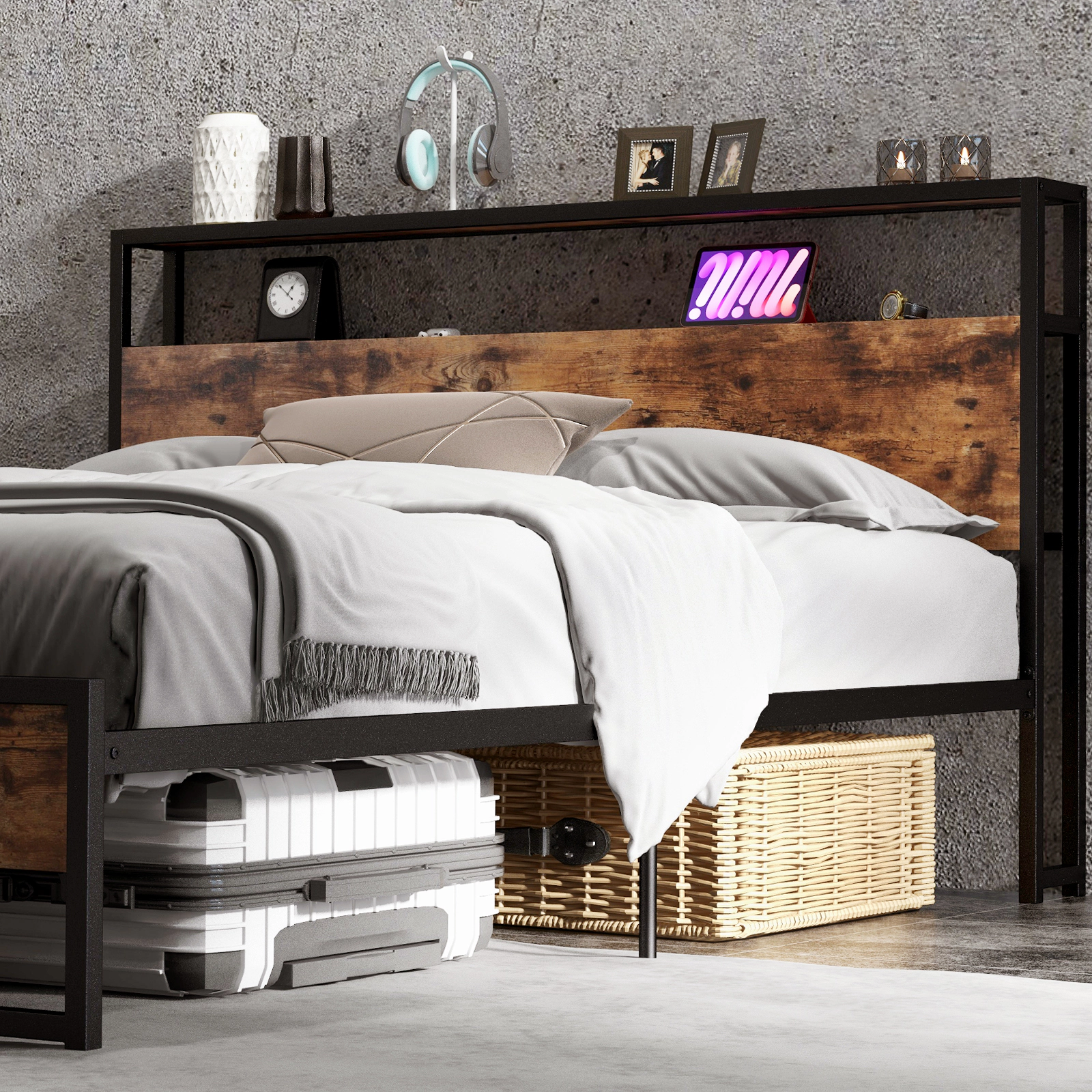 LJG Full/Queen Bed Frame with 2-Tier Storage Headboard and Charging Station