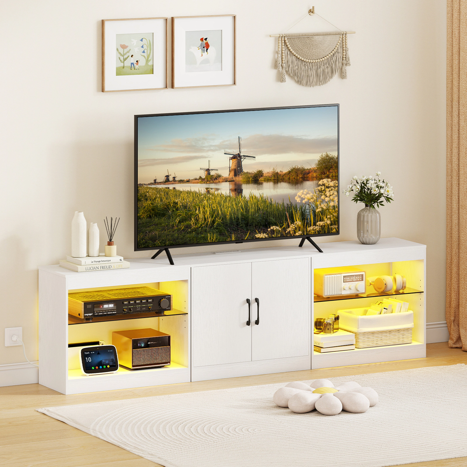 Glintex 77-Inch LED TV Stand with Glass Shelves and Charging Station, White