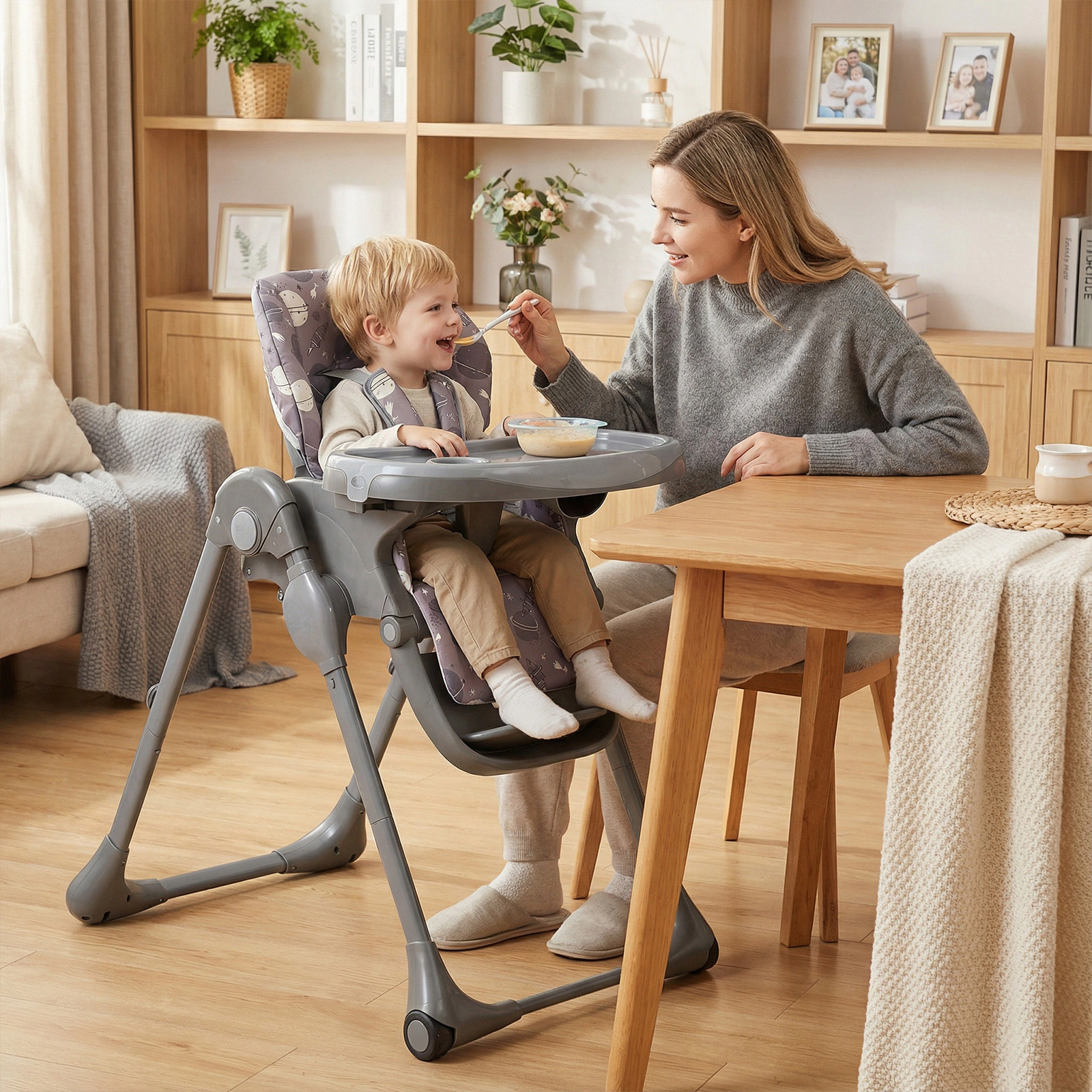 SlickBlue Gray Foldable Baby High Chair with Reclining Backrest and Removable Trays