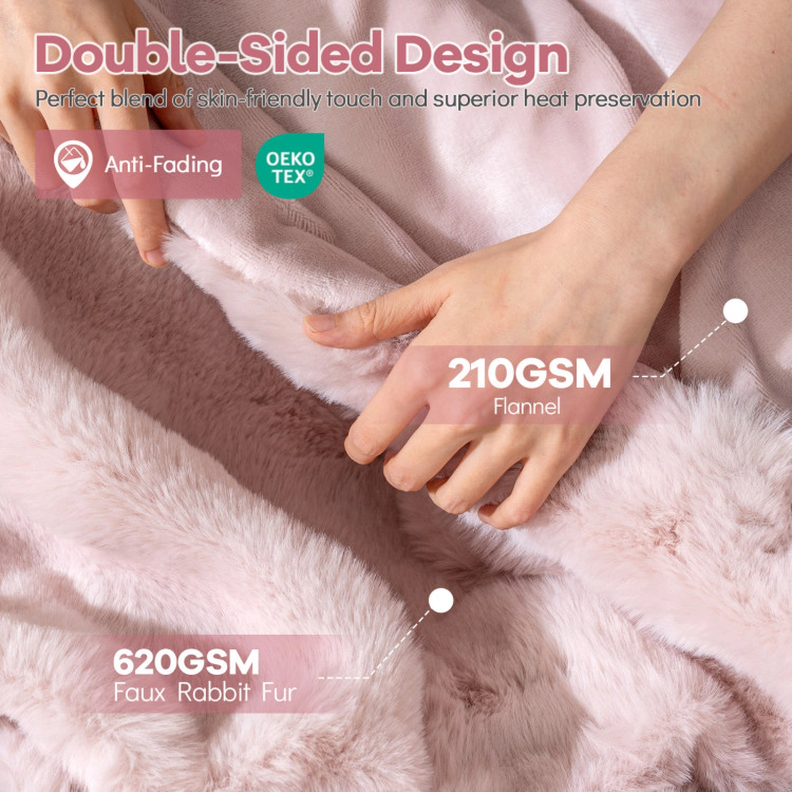 SUGIFT Pink 60-in by 80-in 620-GSM Fluffy Faux Rabbit Fur Bubble Throw Blanket with Flannel Back