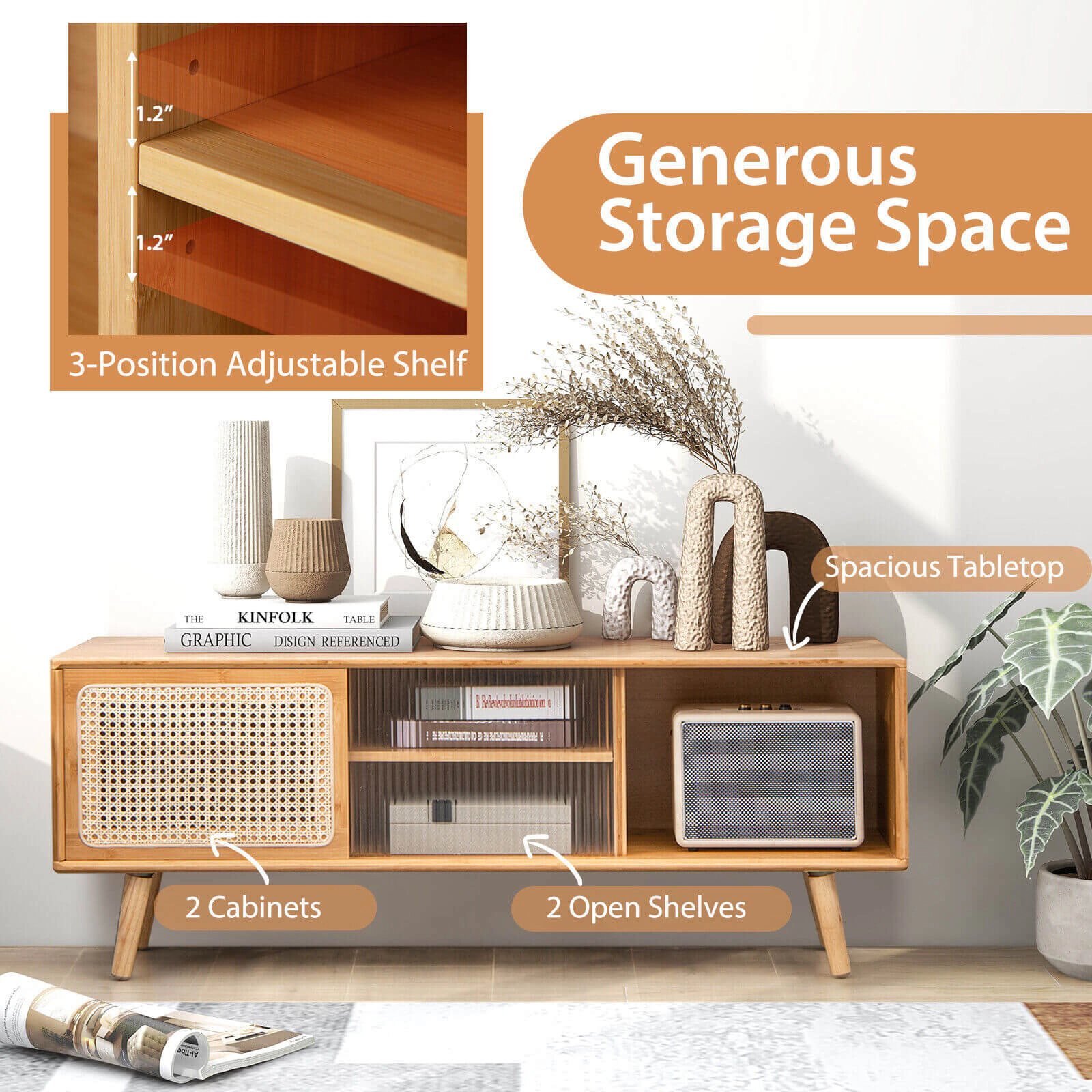 SUGIFT 47.5-In Natural Bamboo TV Stand with Rattan Glass Sliding Doors