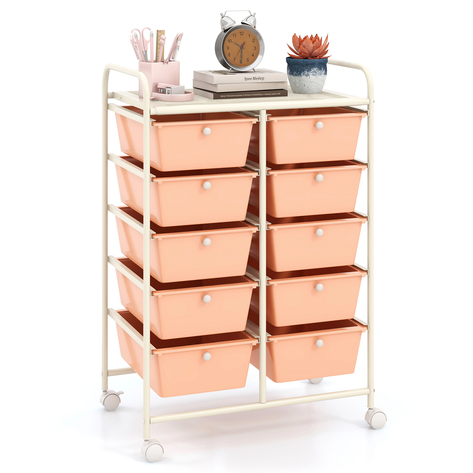 SUGIFT Peach 10-Drawer Rolling Storage Cart Organizer with 5-in Deep Bins Mesh Top Shelf and Locking Wheels