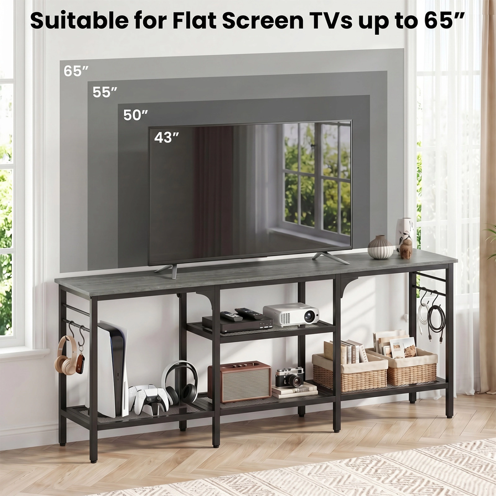 SUGIFT 3-Tier TV Stand with Open Shelves and 4 Hooks 685-lb Total Capacity 55-in Wide for TVs up to 65 in Oak & Black