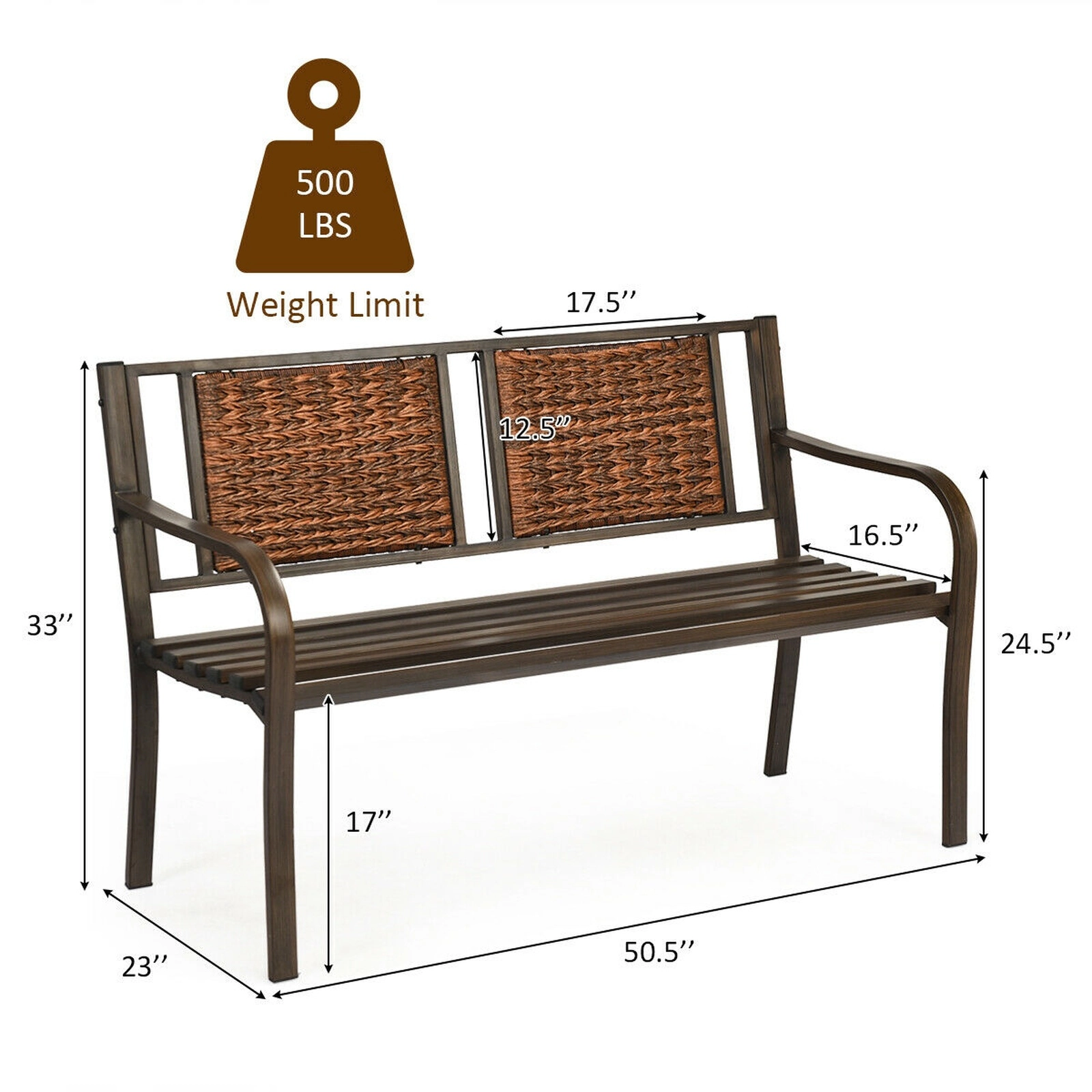 SUGIFT Patio Garden Bench with PE Rattan Back and Powder Coated Steel Frame 500-lb Capacity Bronze