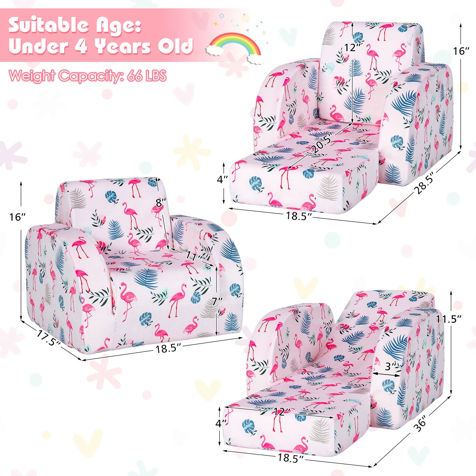 SUGIFT 3-in-1 Convertible Kids Sofa Bed Flip-Out Chair Lounger 66-lb Capacity Under 4 Years Pink
