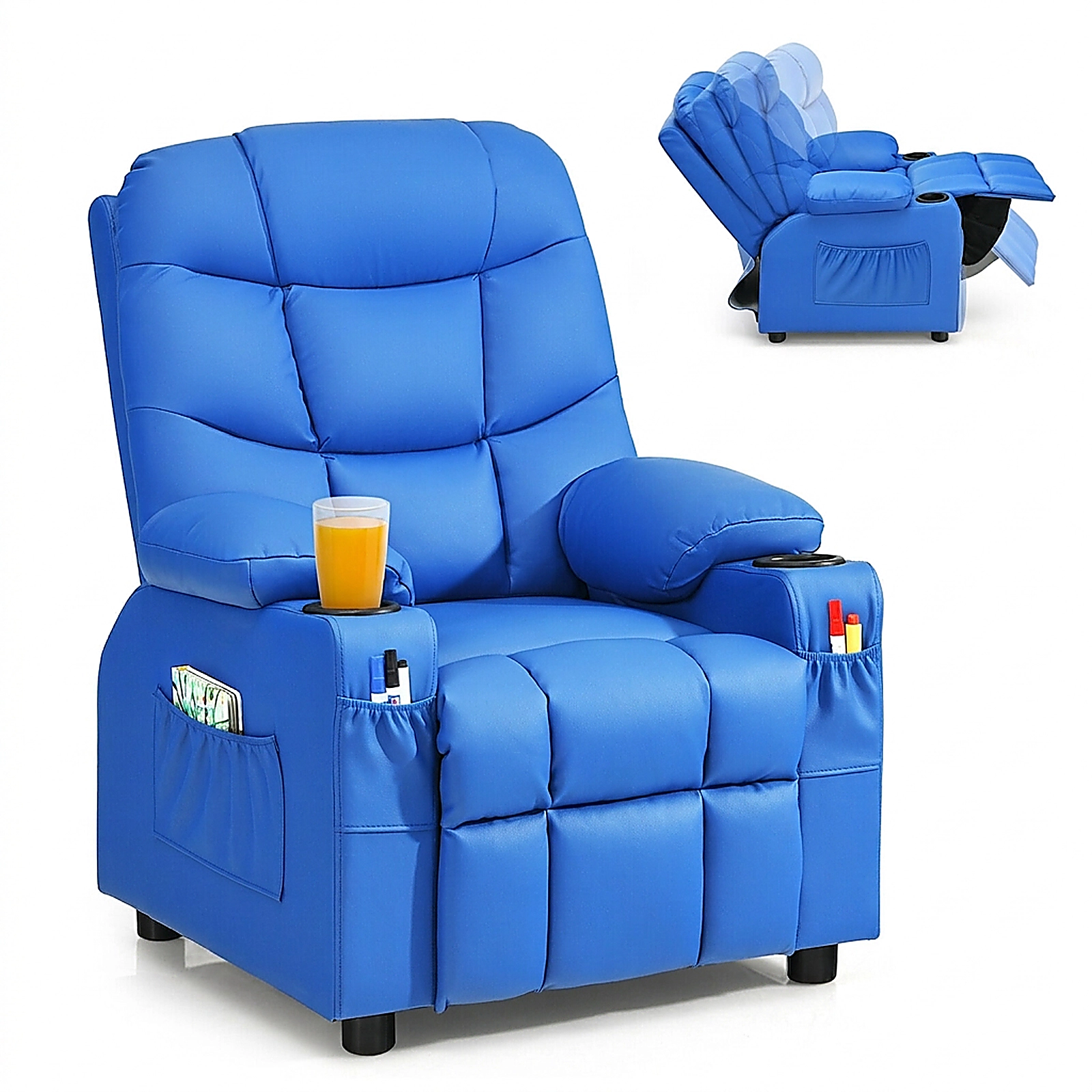 SUGIFT Kids Recliner Chair with Cup Holders and Footrest 120-lb Capacity Over 3 Years Blue