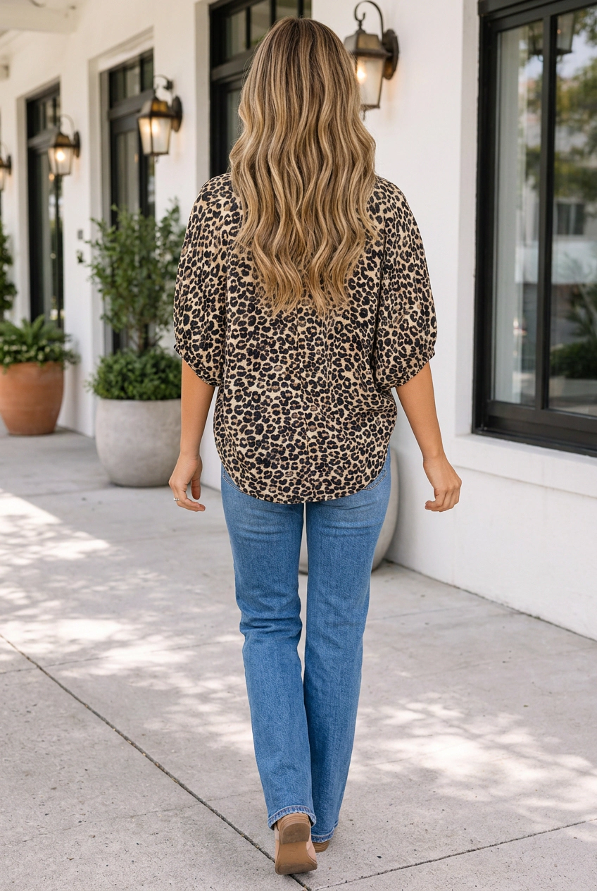 Threaded Pear Womens Sariah Dolman Blouse - Western Leopard Print, V-Neck, Short Gathered Sleeves